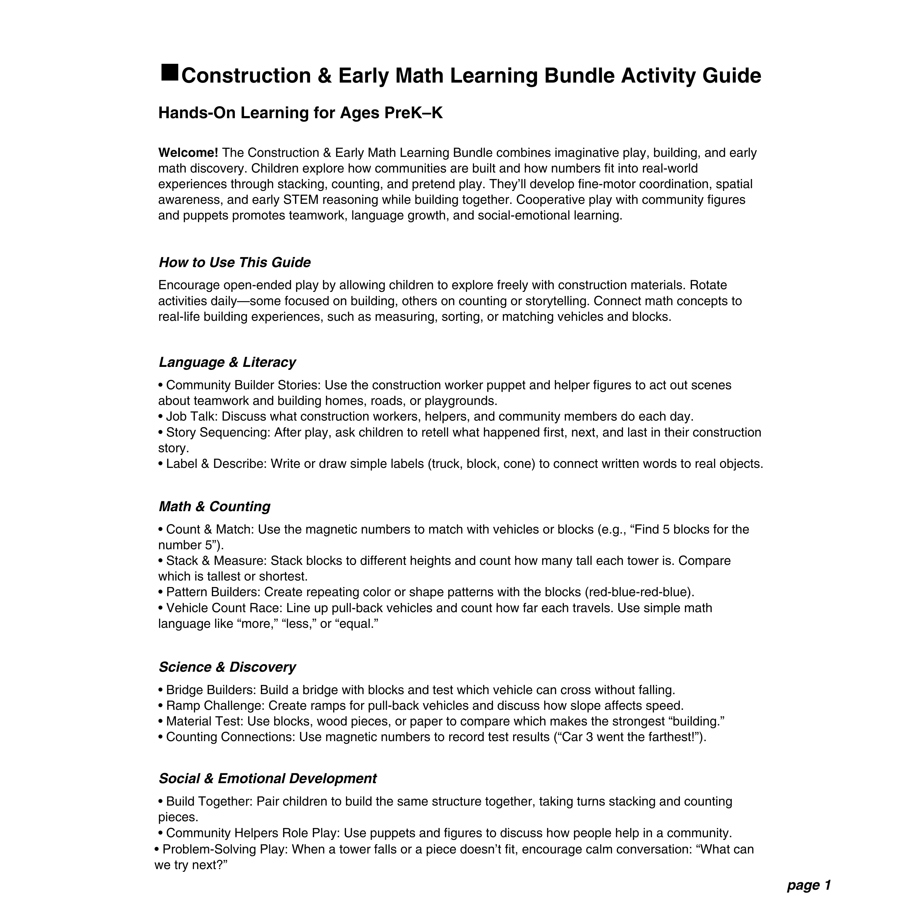 Construction & Early Math Learning Bundle