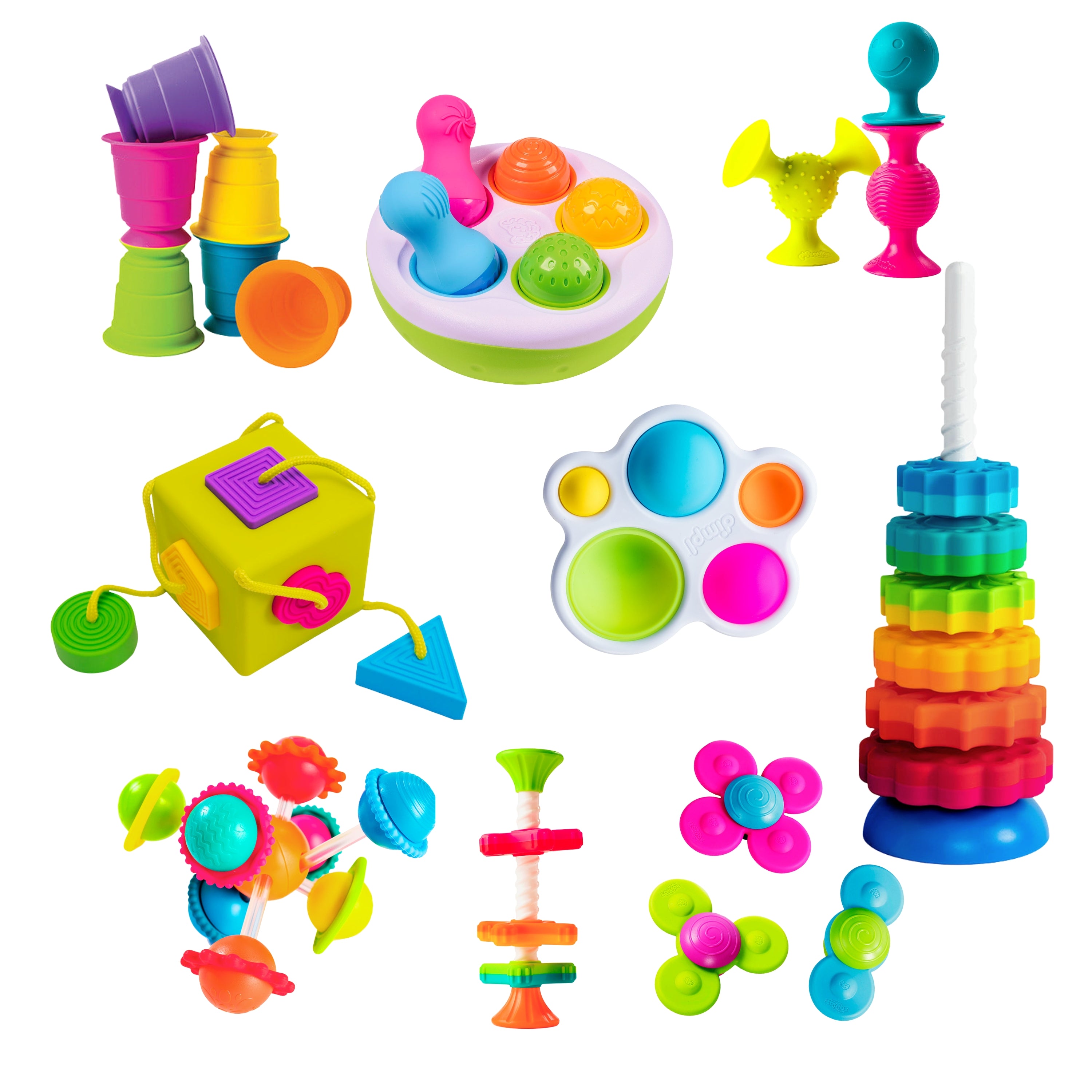 Assorted colorful baby toys on a white background