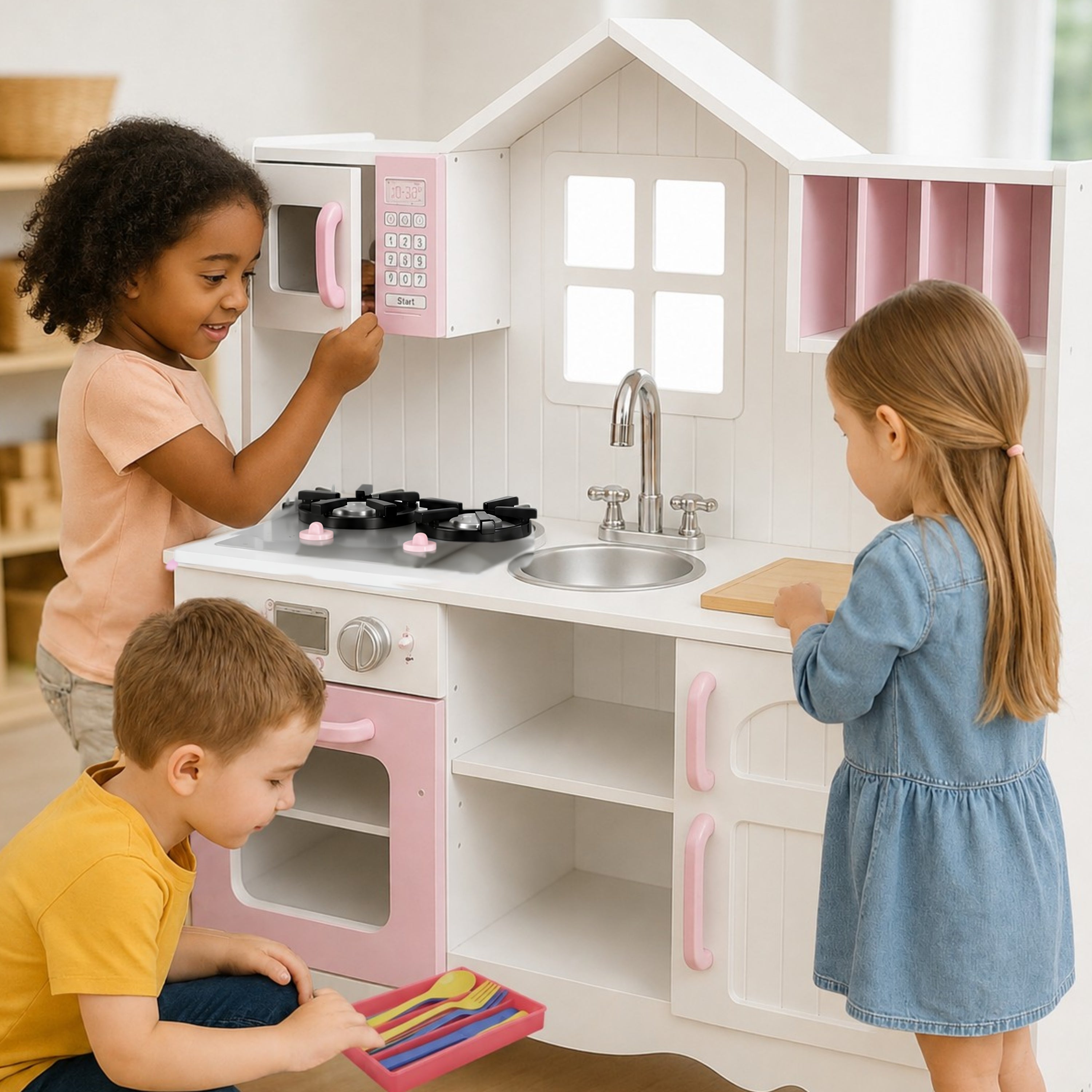 Wooden Play Kitchen with Burners & Sink – Preschool Dramatic Play Kitchen