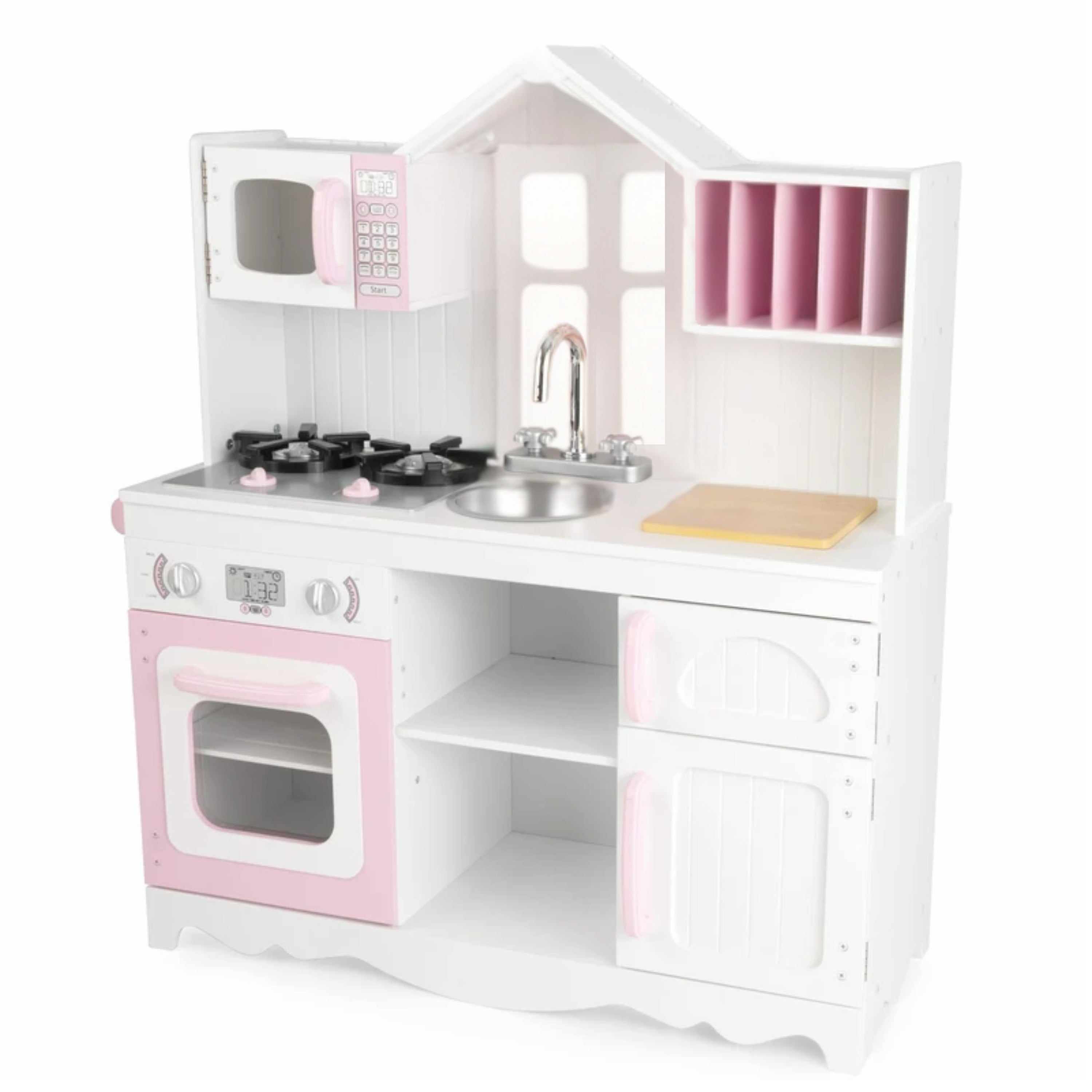Wooden Play Kitchen with Burners, Sink & Curtains