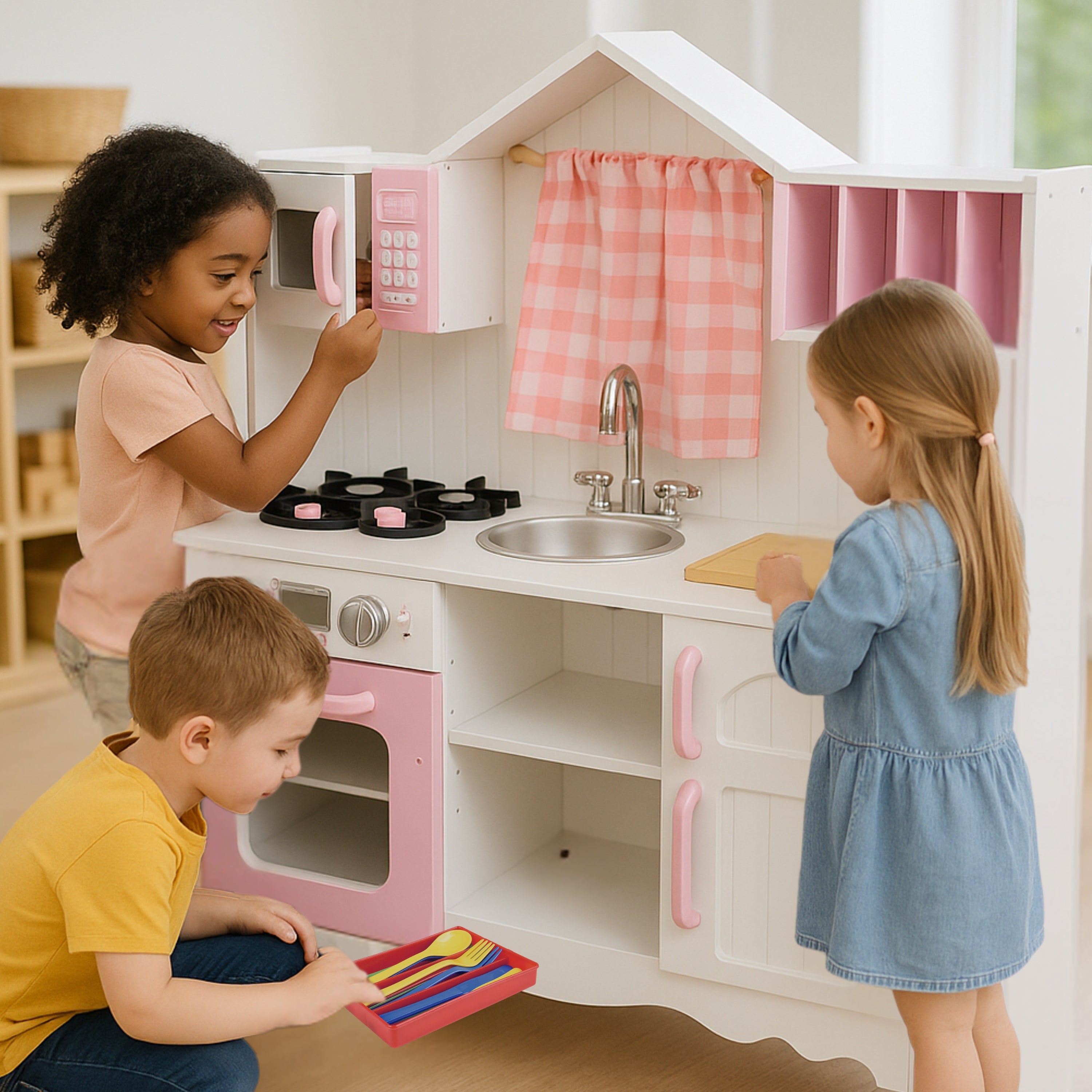 Wooden Play Kitchen with Burners, Sink & Curtains