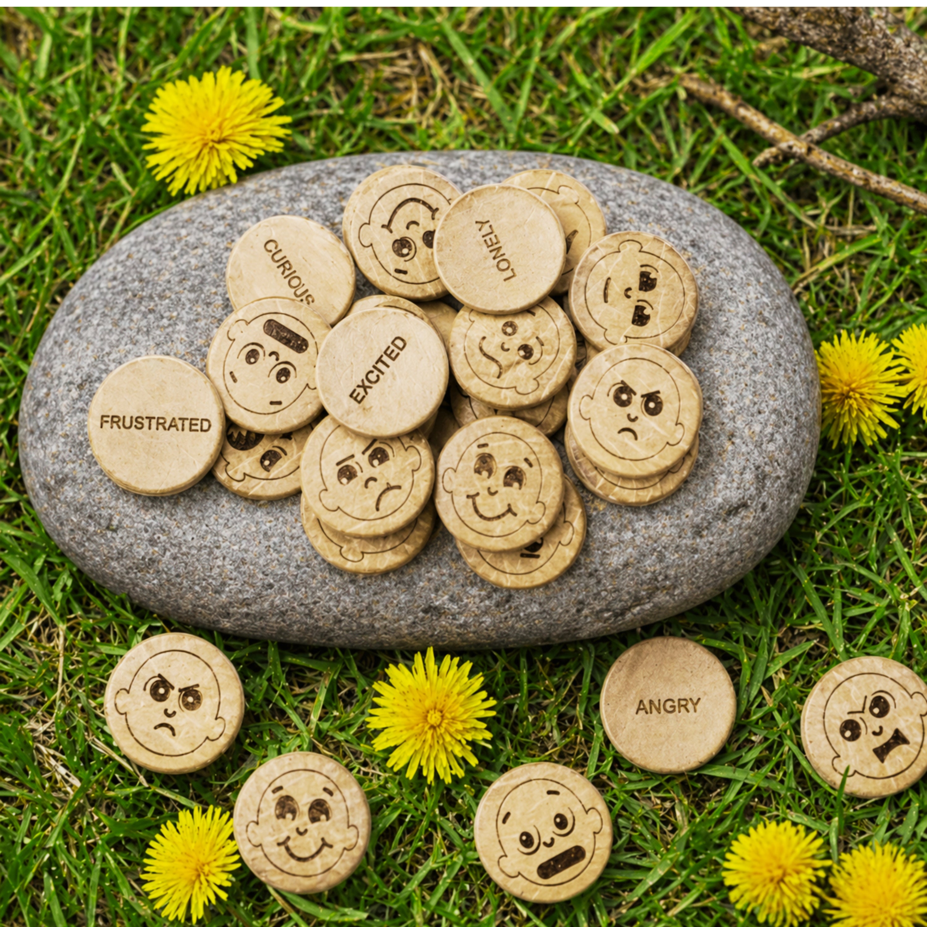Wooden emotion tokens on a stone with dandelions in grass