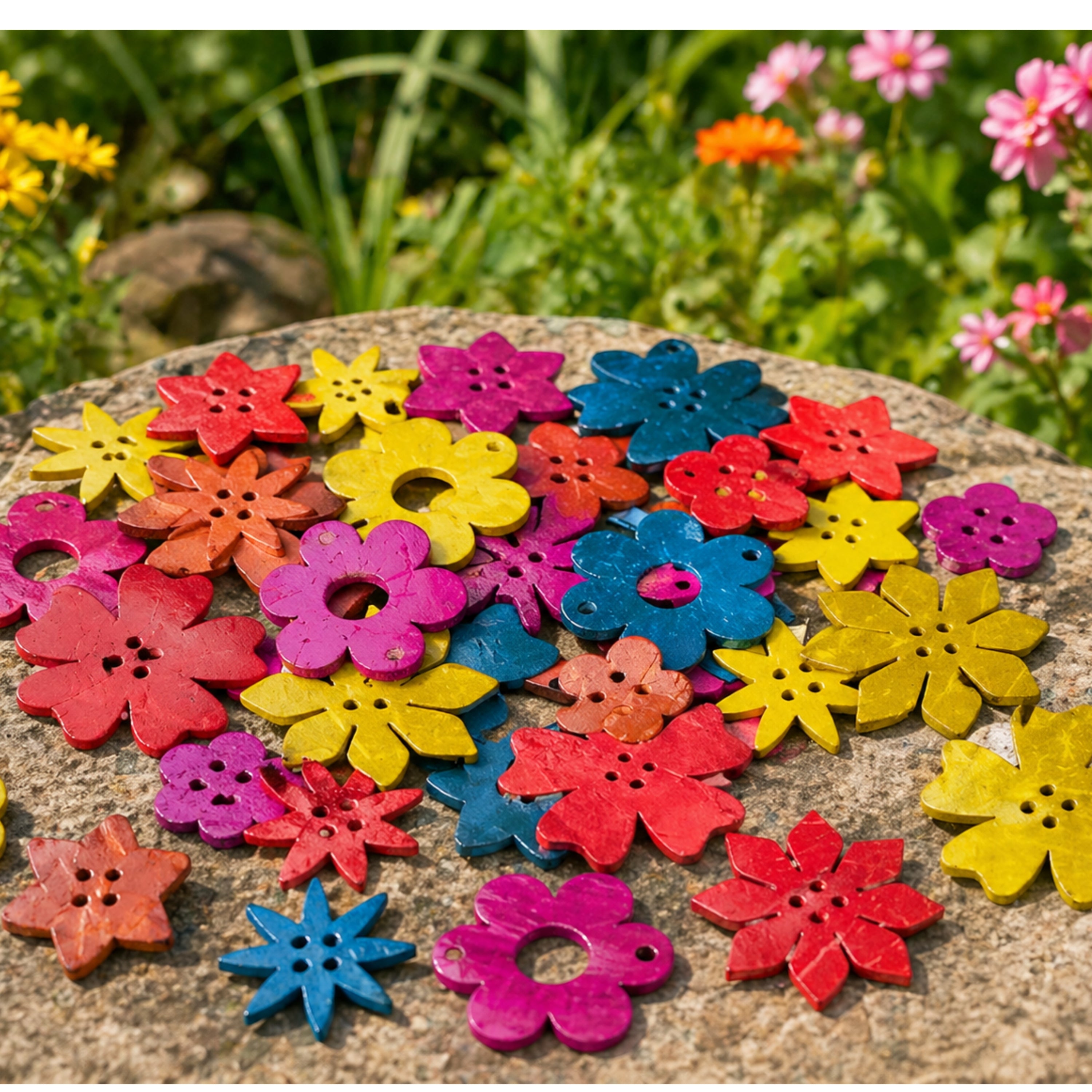 Colorful flower-shaped buttons on a stone surface with a garden background