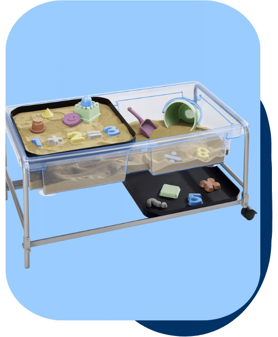 clear sensory table filled with sand and various plastic numbers, buckets, and shovels. one black tray is on top of the table and one is underneath to show versatility