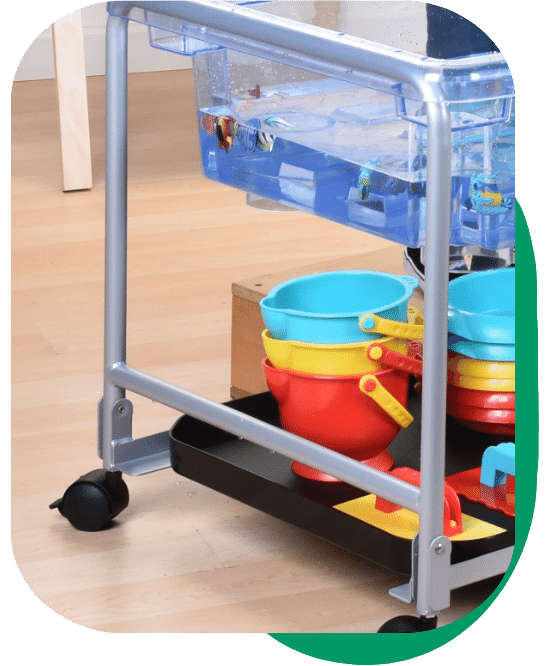 closeup detail of the rolling casters on a water table in a classroom