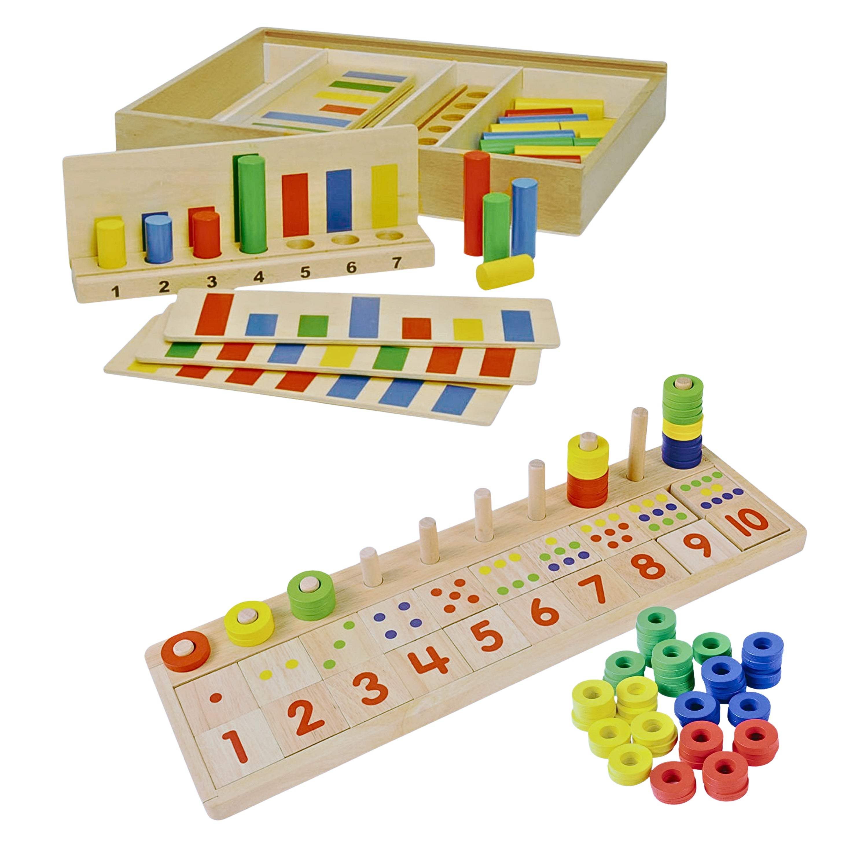 Montessori wooden math bundle for preschool — includes colorful peg board set and count & match number sorting toys for ages 3 and up