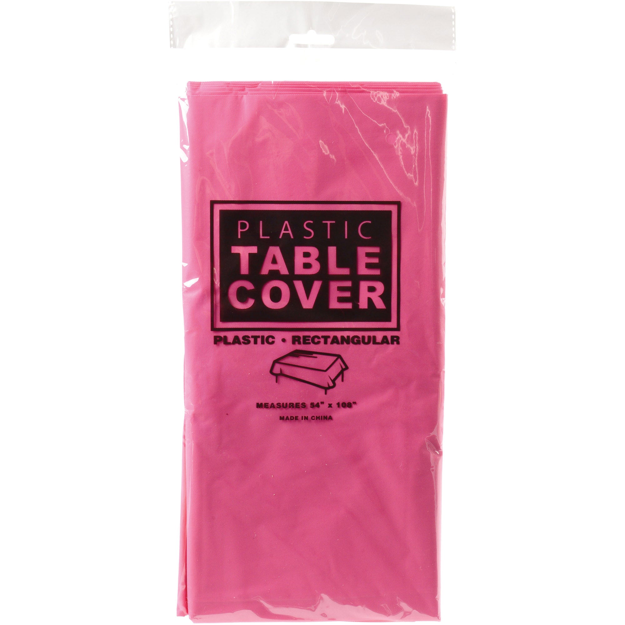 Pink plastic table cover with text on a white background