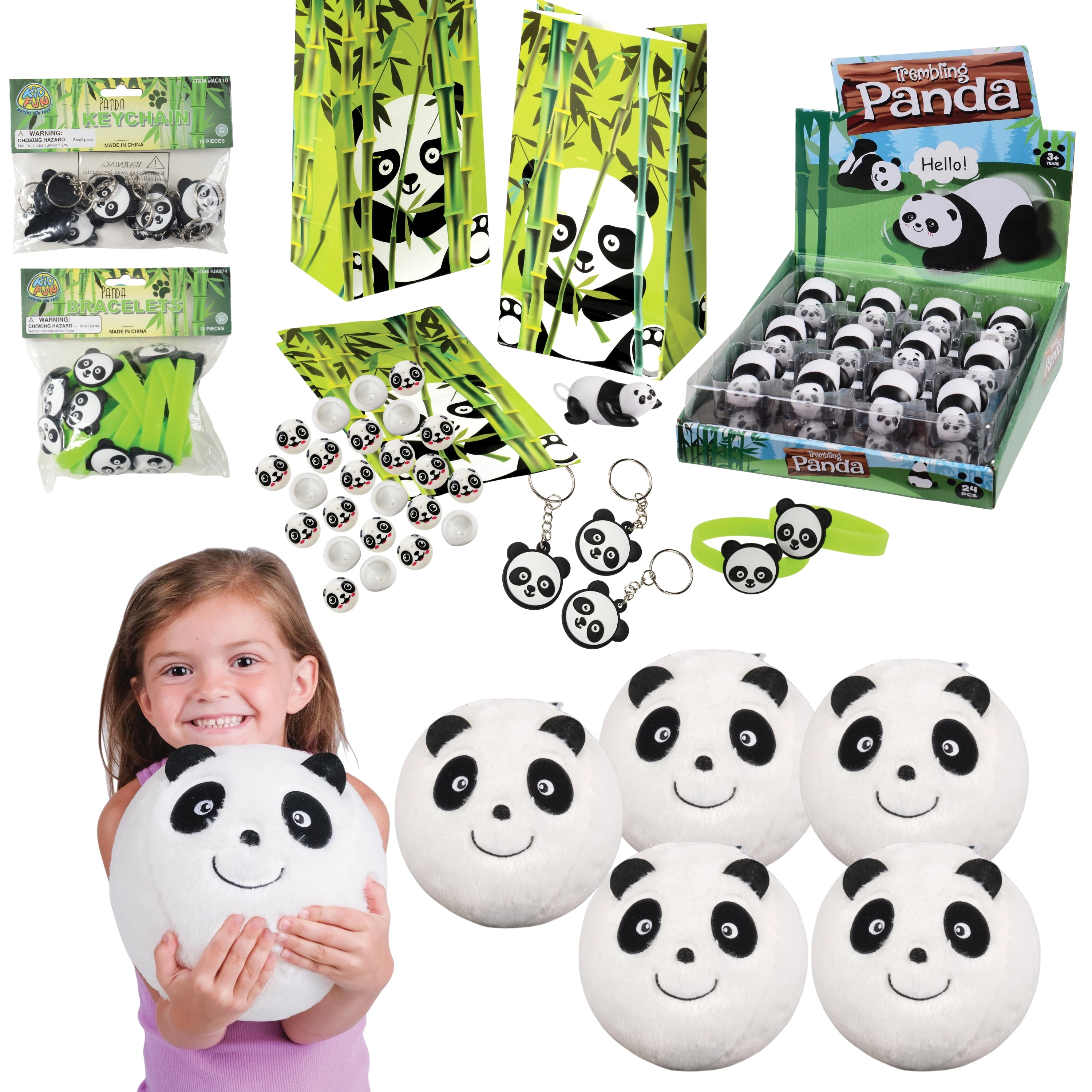 Assorted panda-themed toys and products including plush toys, keychains, and packaging.