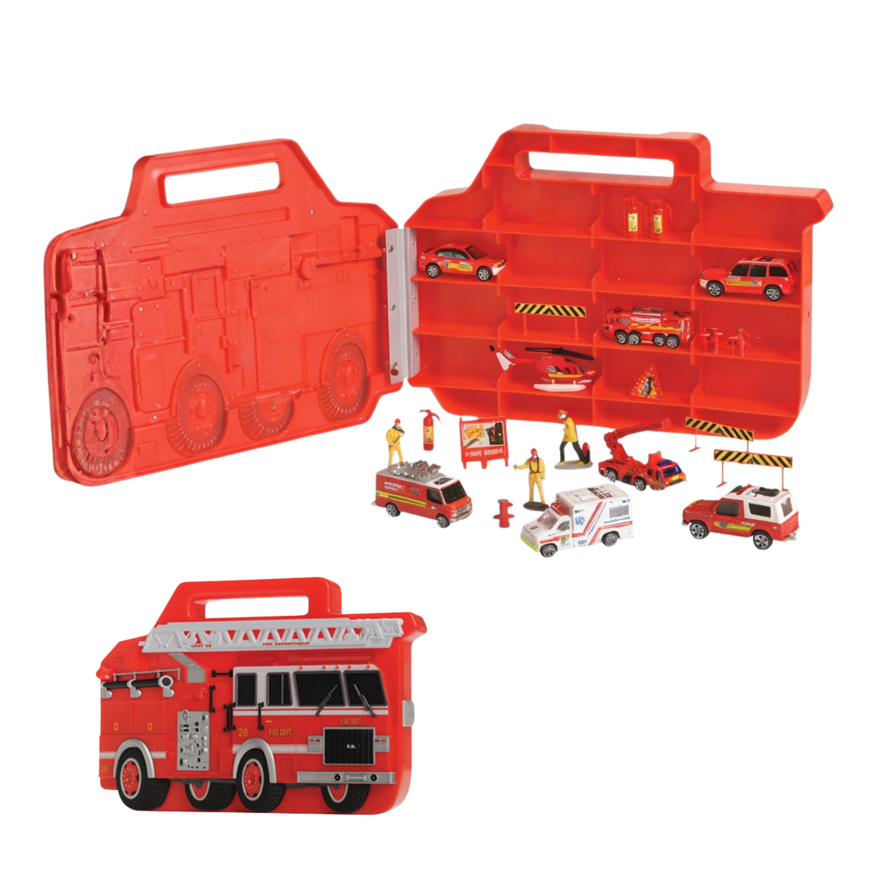 Fire Rescue Truck Carry Case with 22 Pieces – Die-Cast Fire Vehicles & Figures Playset for Kids