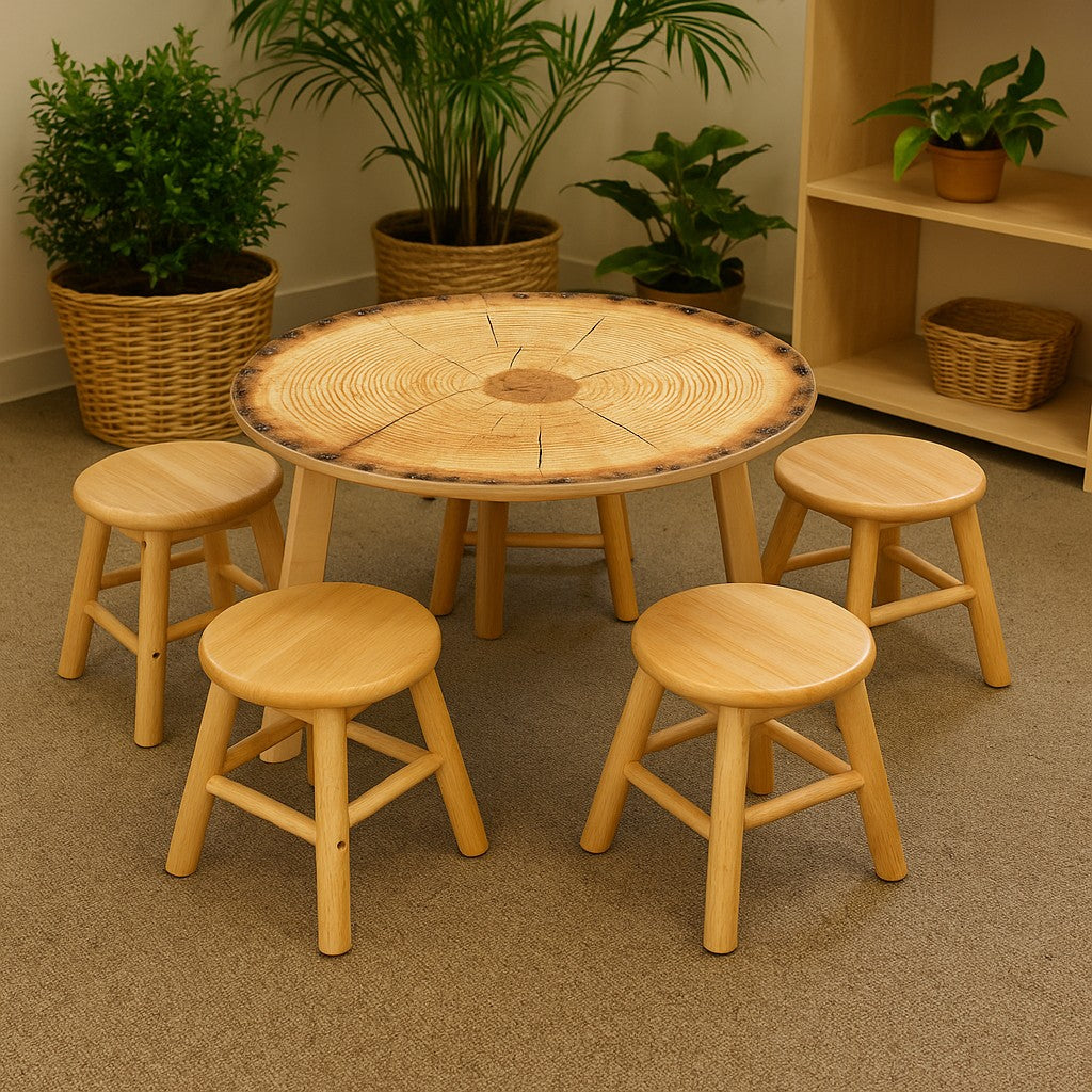 Live Edge Activity Table & Hardwood Stools Set | Nature-Inspired Classroom Furniture for Early Learning