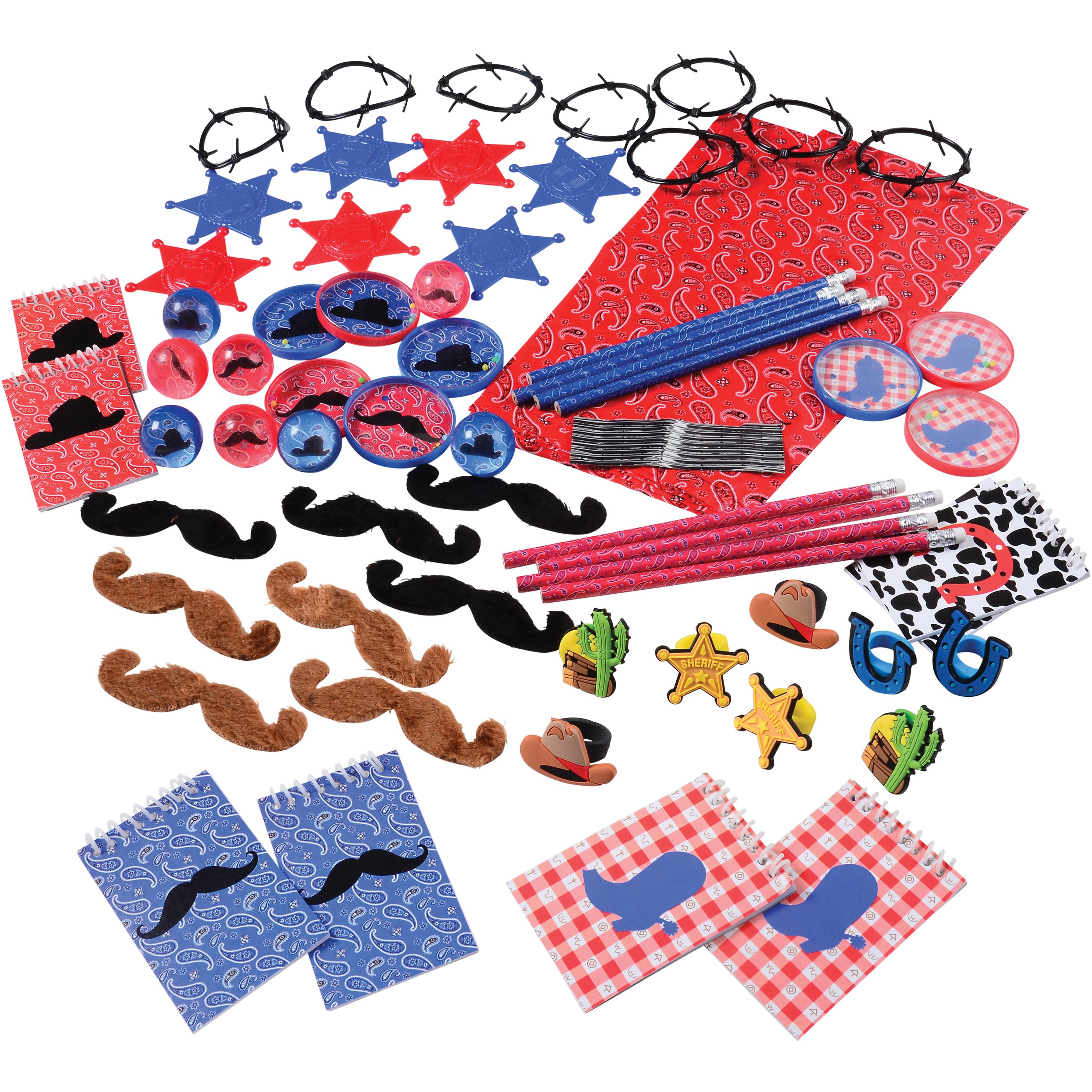Assorted party favors including mustaches, hats, and star-shaped items on a white background