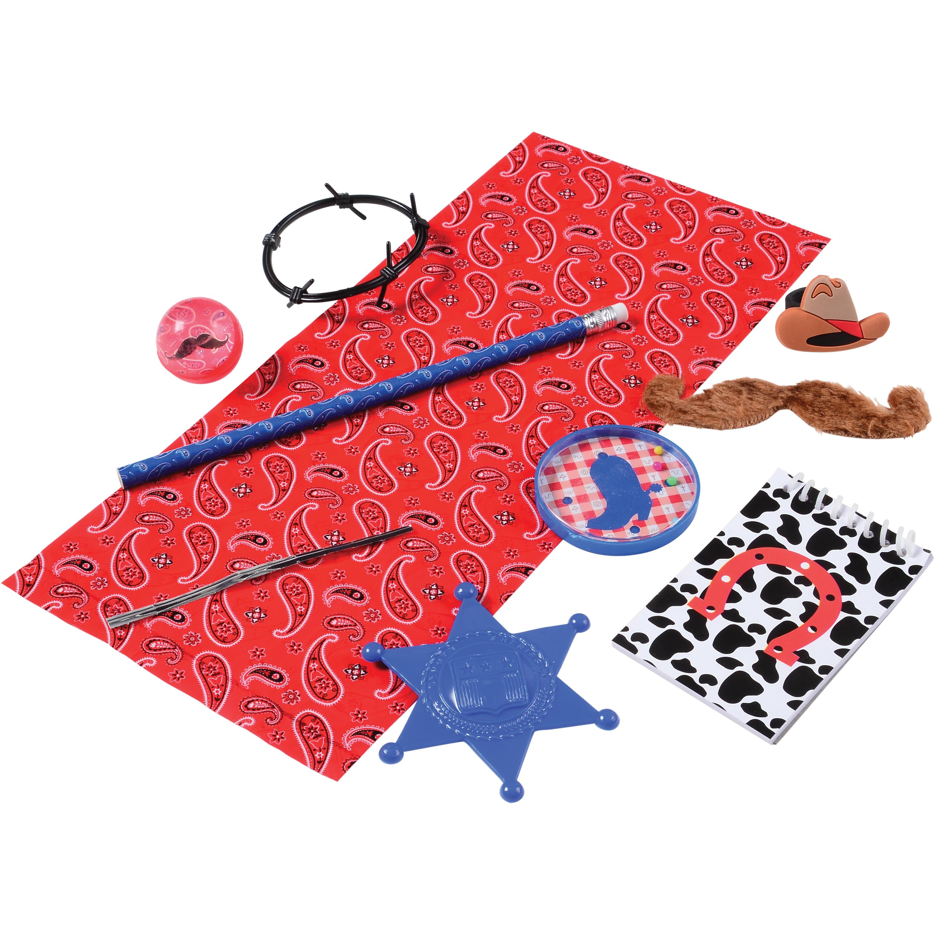 Collection of cowboy-themed items including a red bandana, blue sheriff's star, and cowhide rug on a white background.