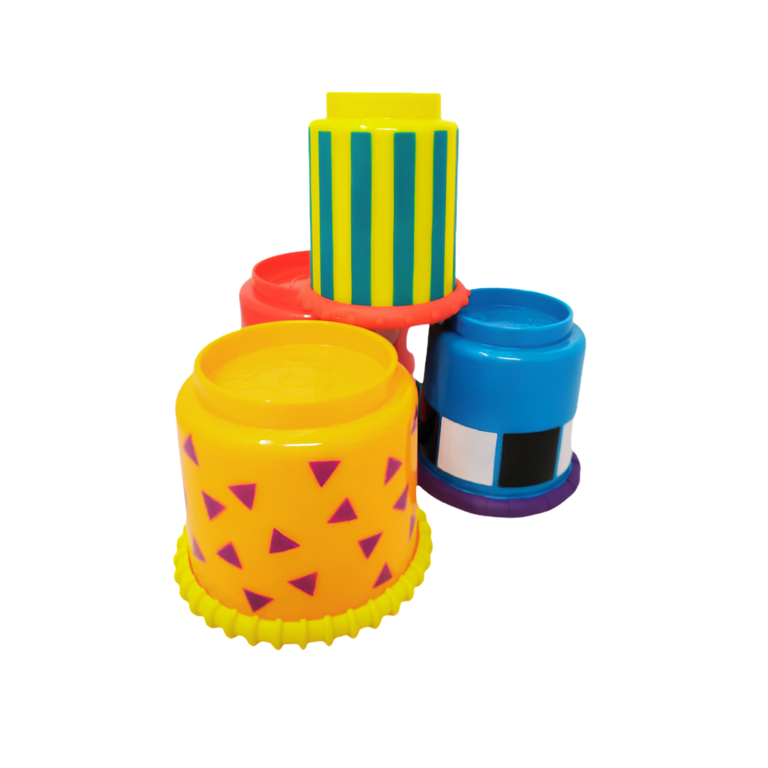 Baby playing with colorful nesting cups developing fine motor skills and hand-eye coordination