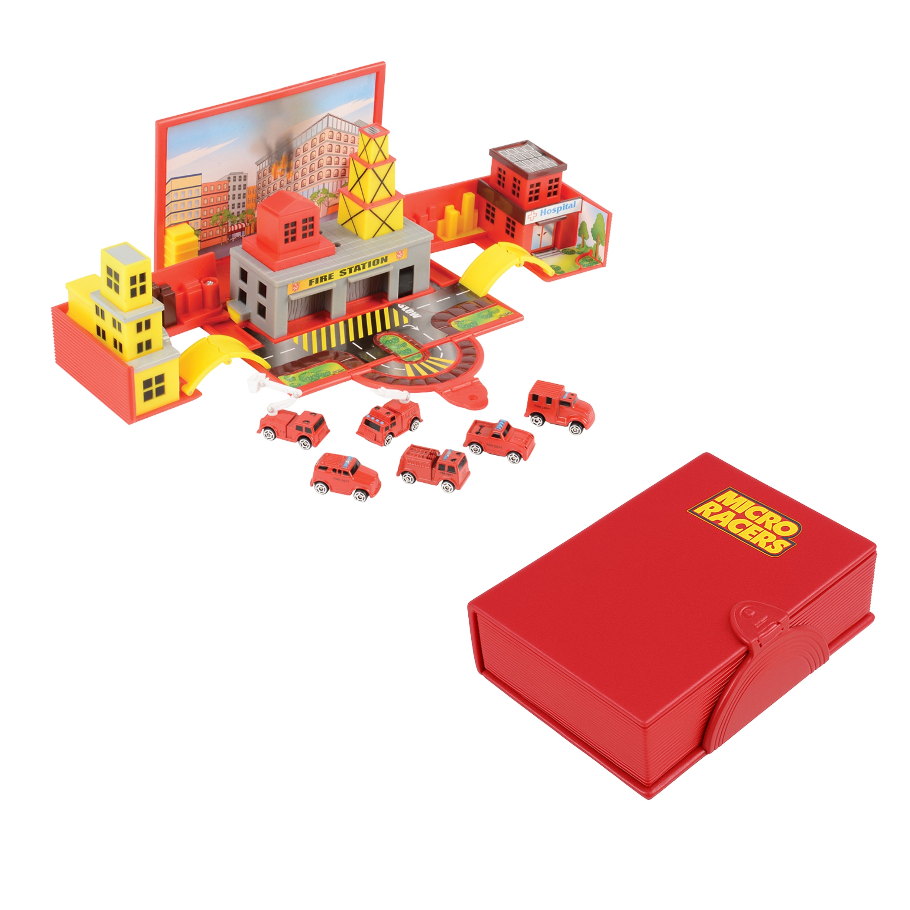 Die Cast Micro Racers Playset | 26 Vehicles & Pop-Up Cityscapes
