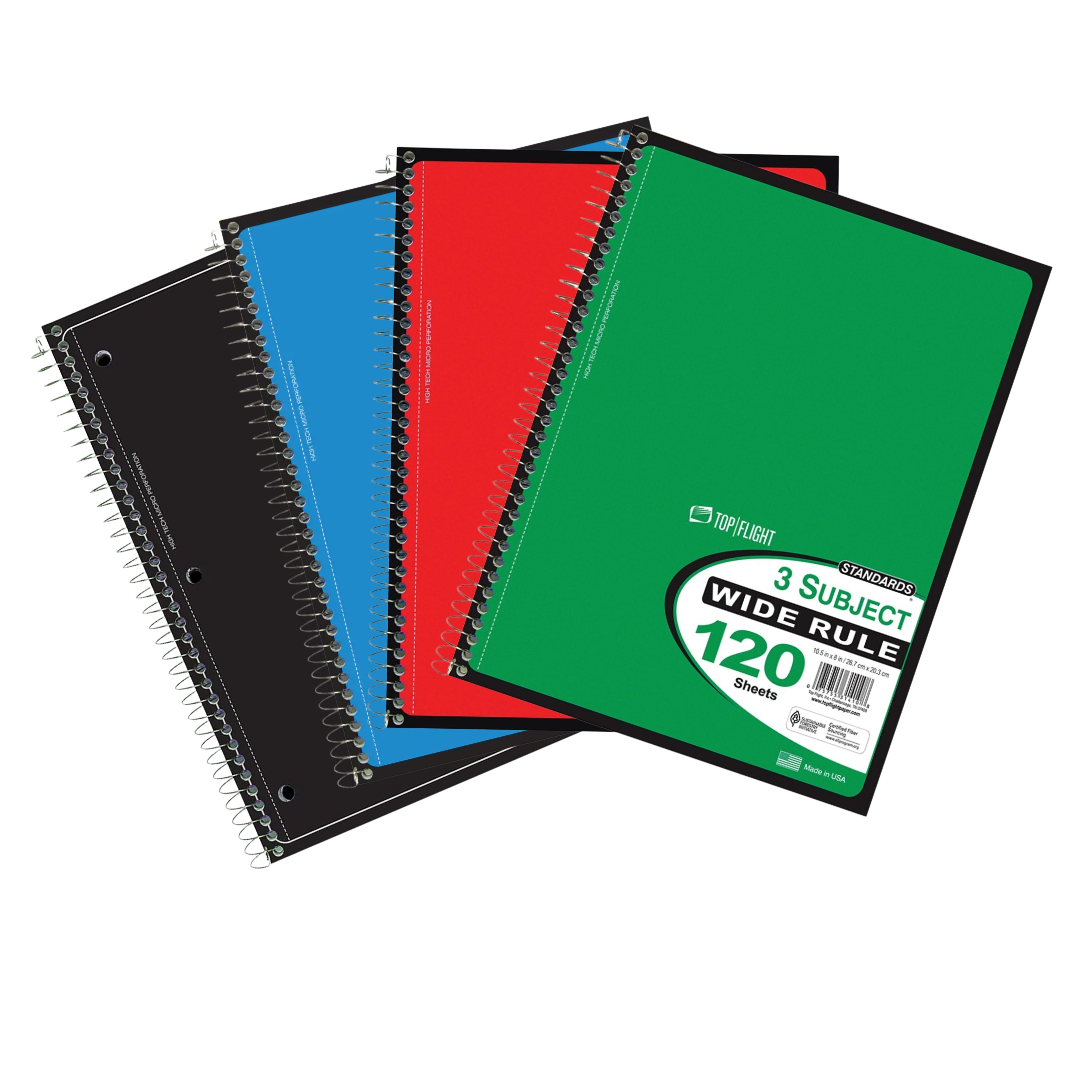 Wide-Ruled 3-Subject Notebook - Colors May Vary- 120 Sheets
