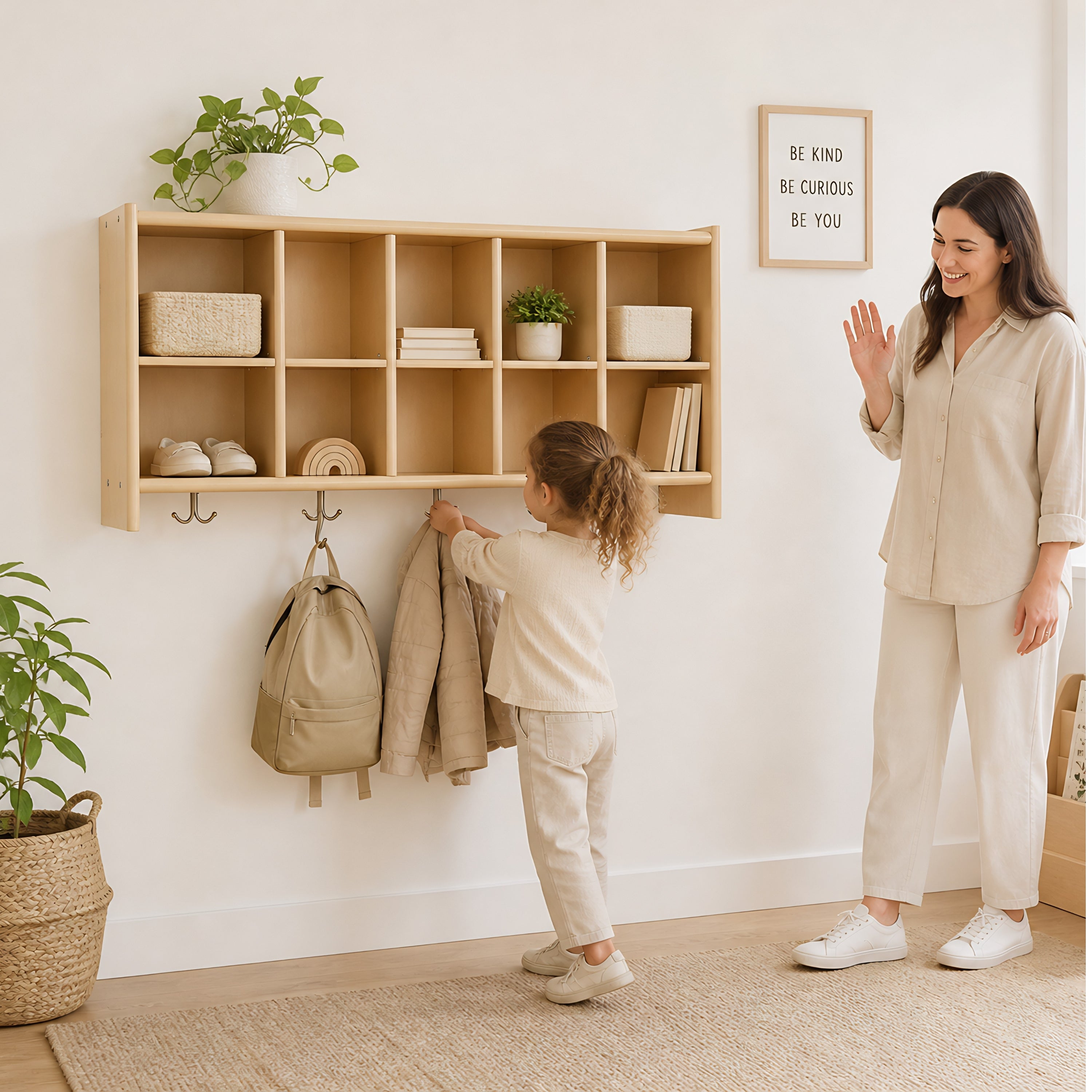 Birch Wall Cubbie | Classroom Storage with 10 Cubbies & 5 Double Hooks