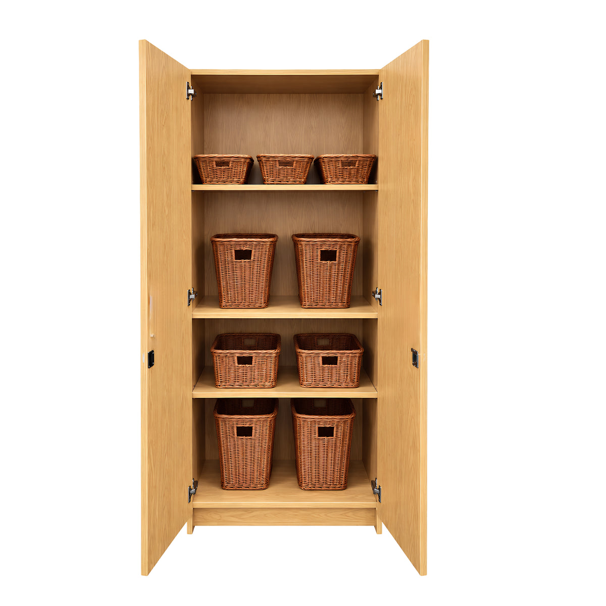 Teacher Storage Cabinet with Basket Organizers | Maple Classroom Storage Cabinet with Adjustable Shelves, 12 Woven Plastic Baskets & Secure Locking Doors