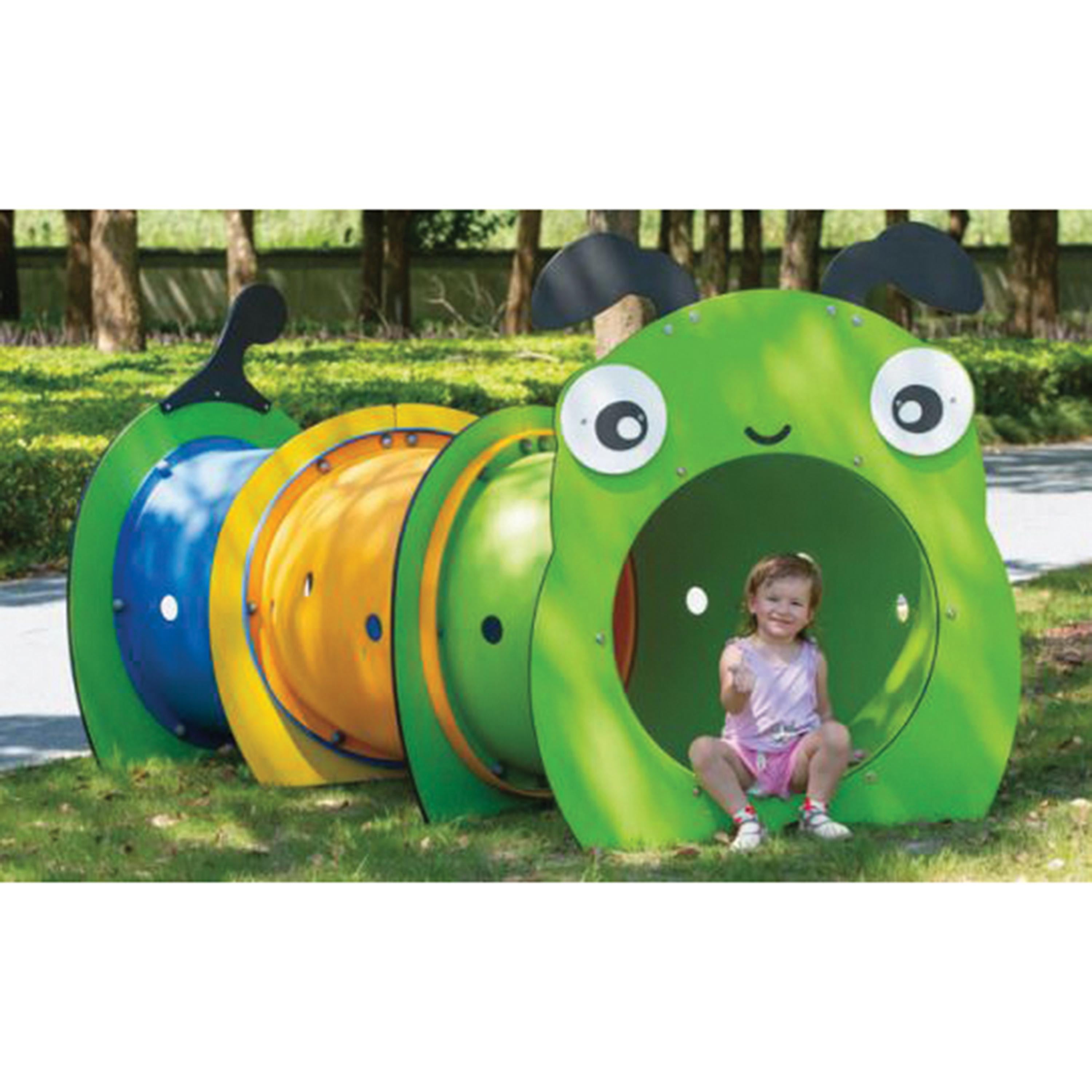 Colorful playground tunnel shaped like a caterpillar with a child inside, set against a natural background.