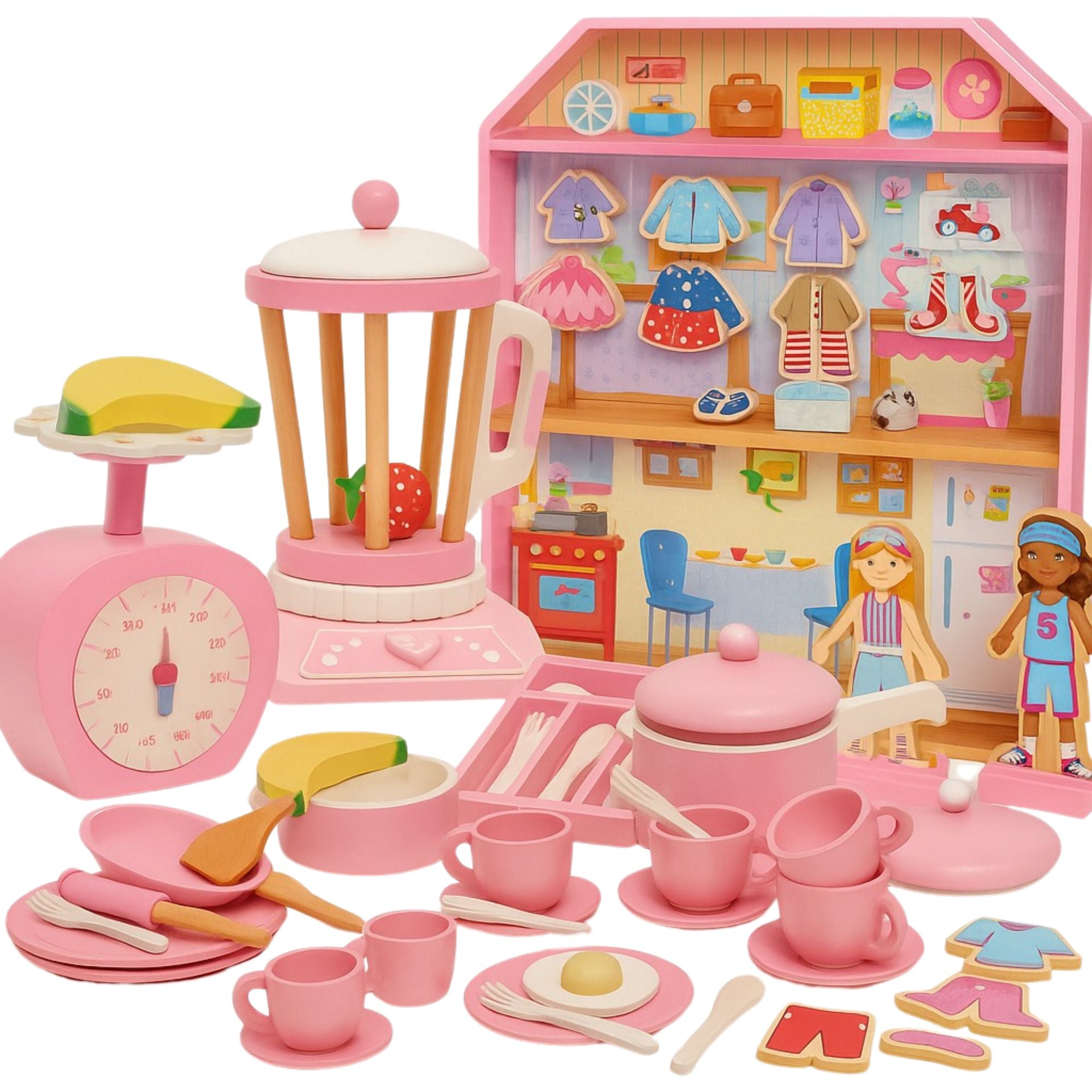 Wooden Pretend Play Mega Bundle | 100+ Piece Montessori-Inspired Kitchen & Dollh