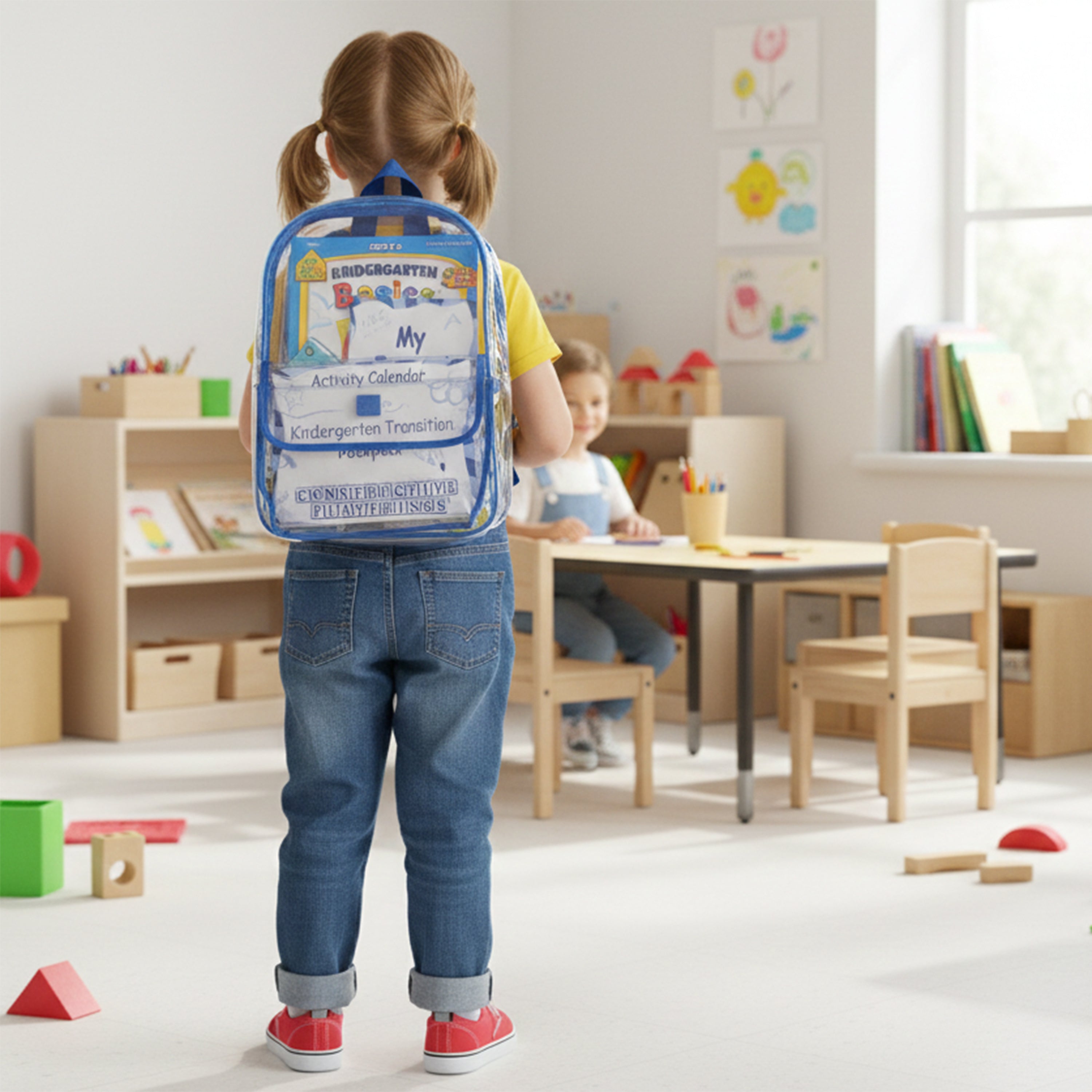 Child with a blue backpack in a classroom setting