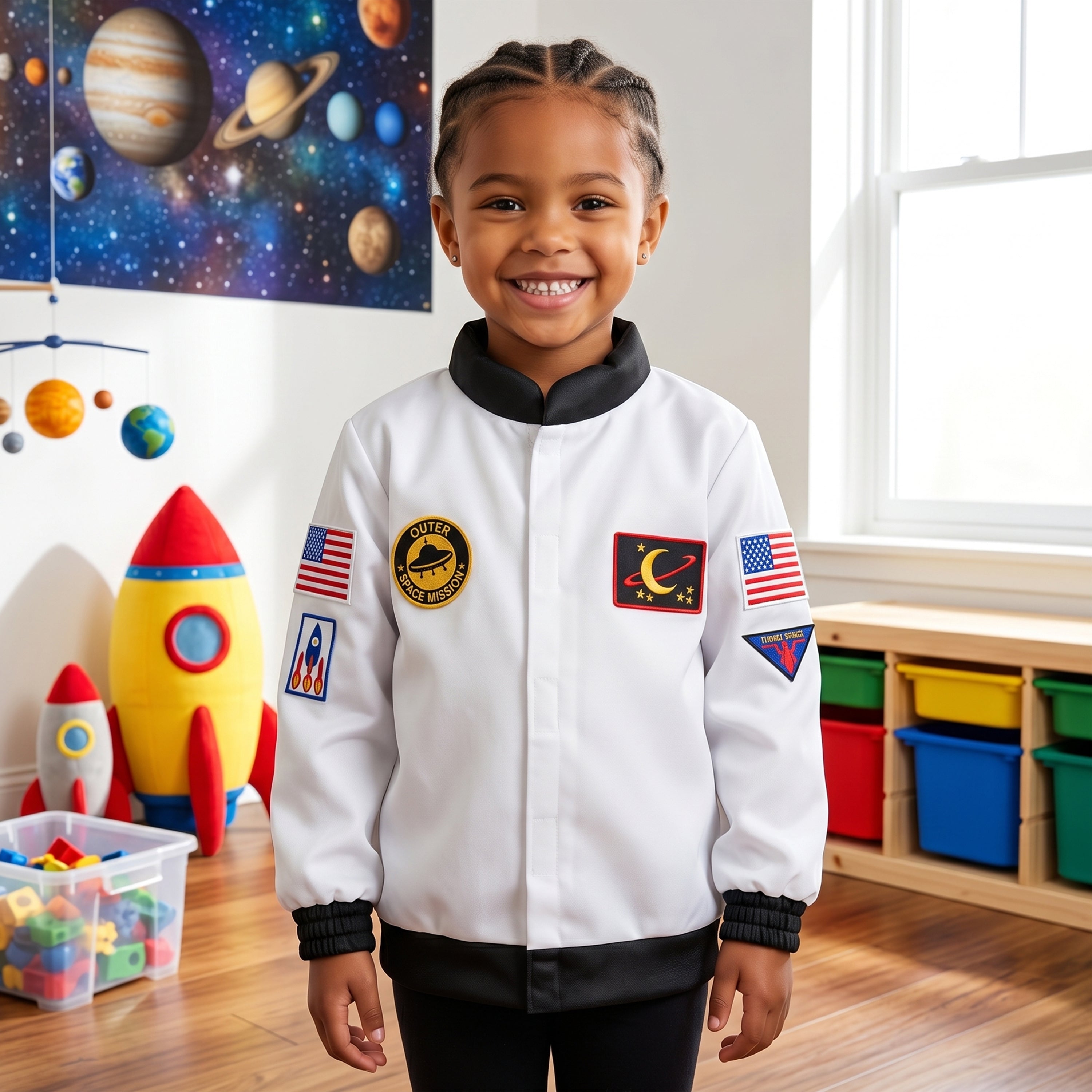 Child wearing a space-themed jacket with patches in a classroom setting