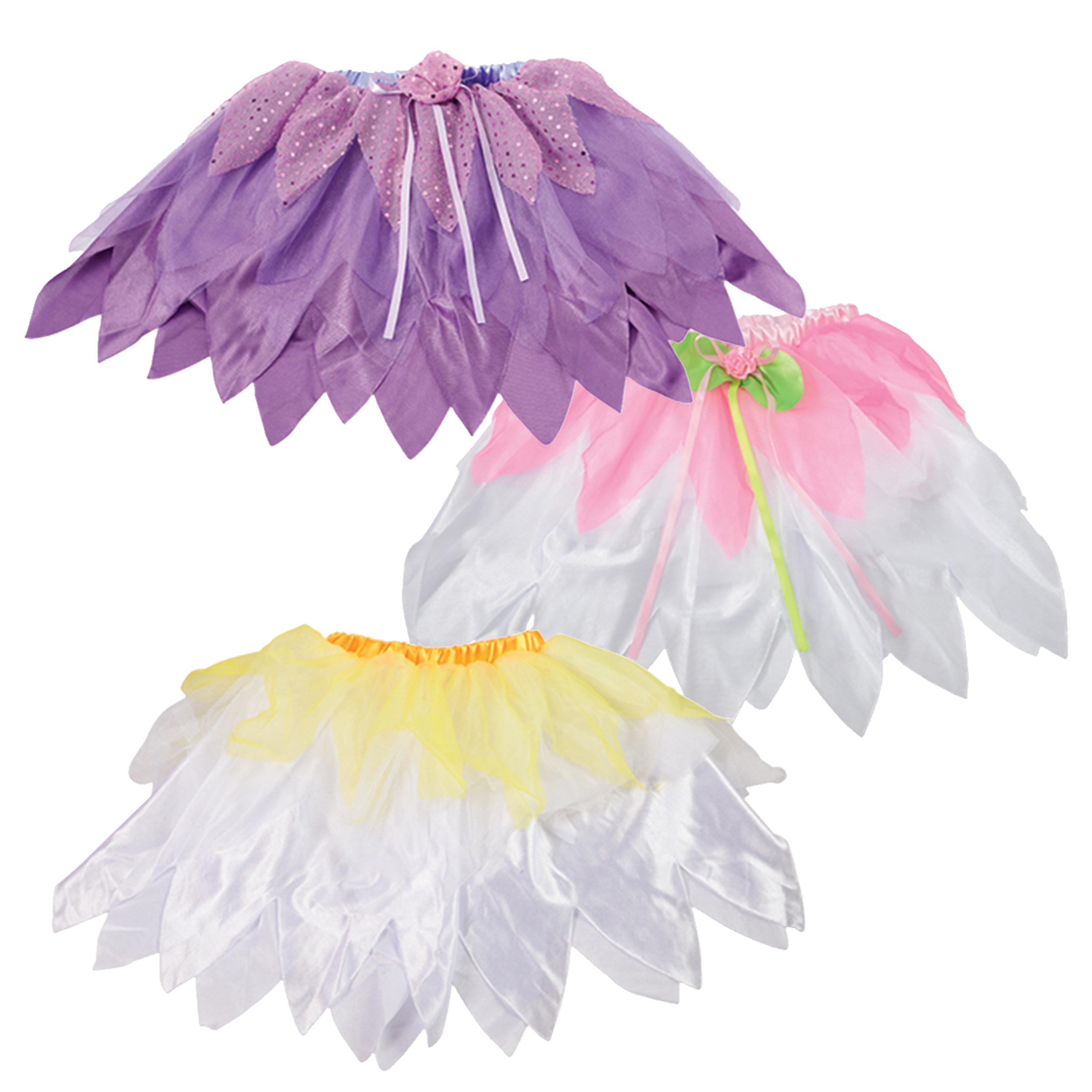 Three colorful tutus in purple, pink, and yellow on a white background