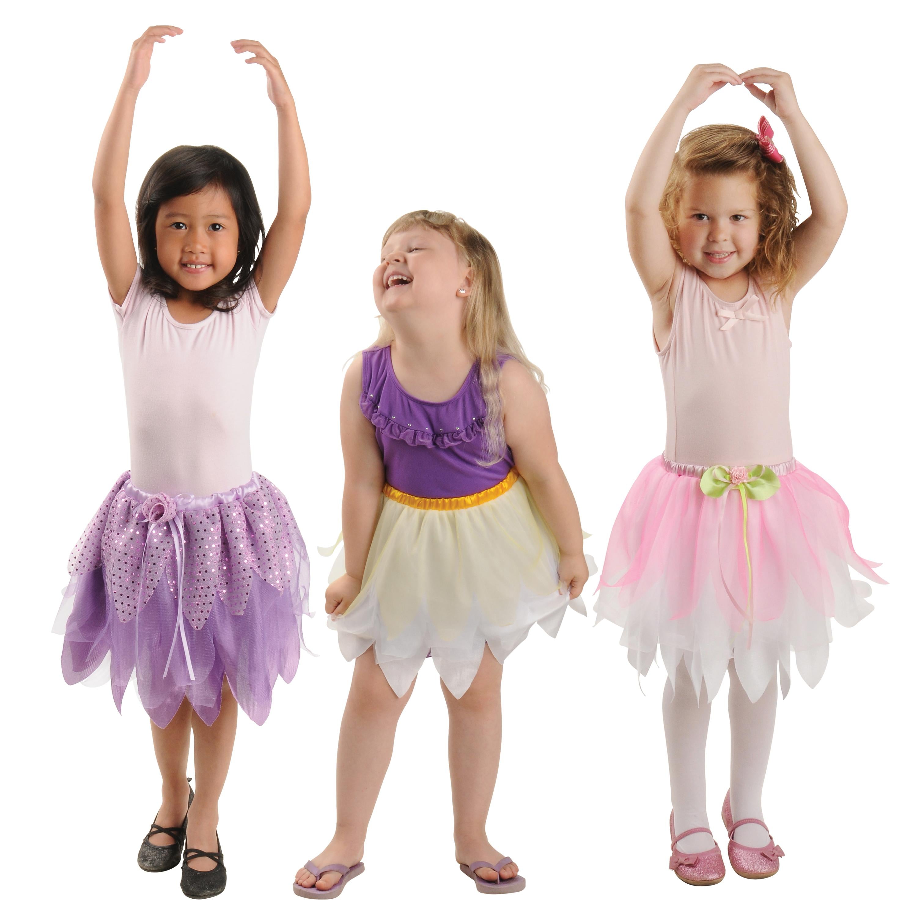 Three children wearing colorful tutu dresses on a white background