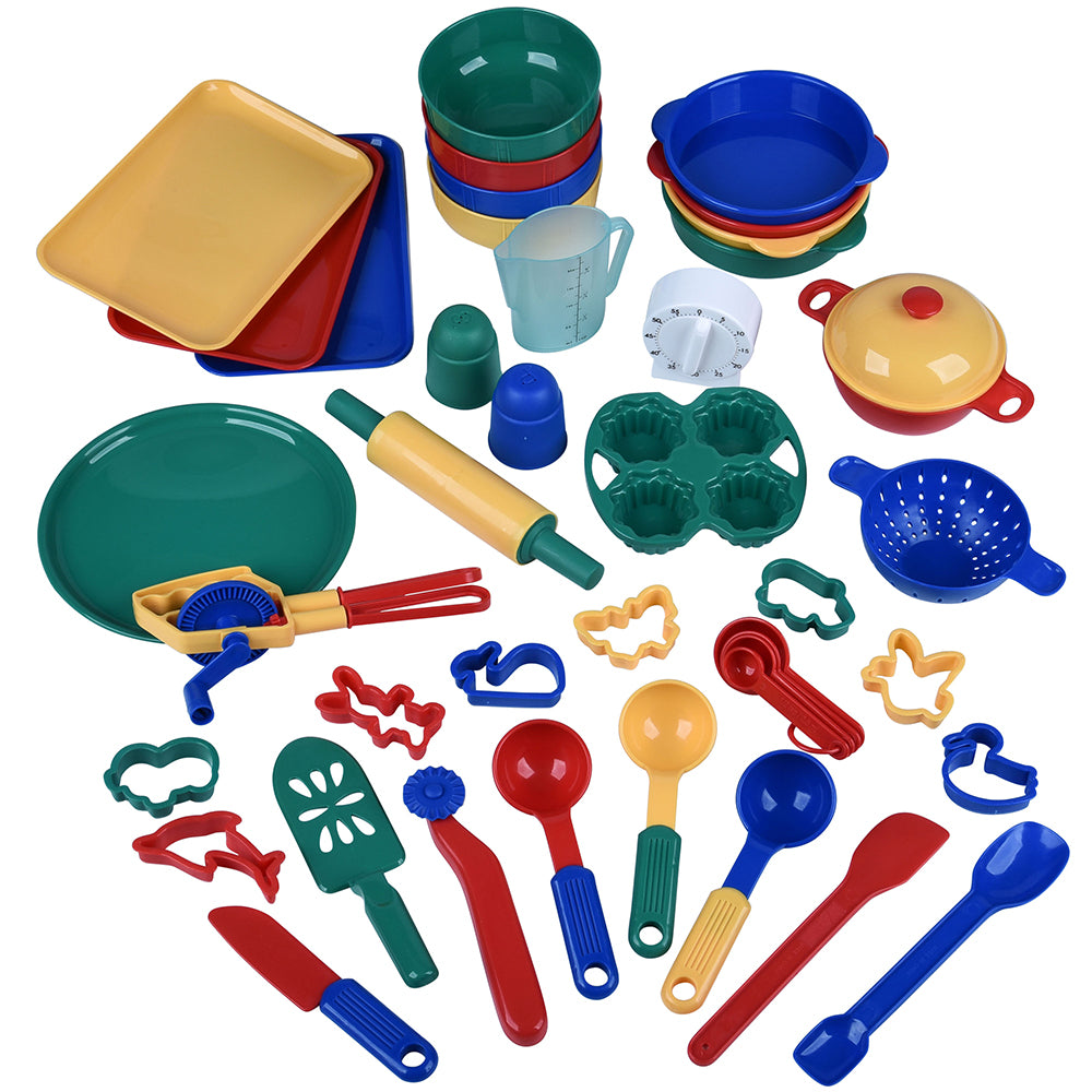 Colorful set of plastic toy kitchen utensils and cookware on a white background