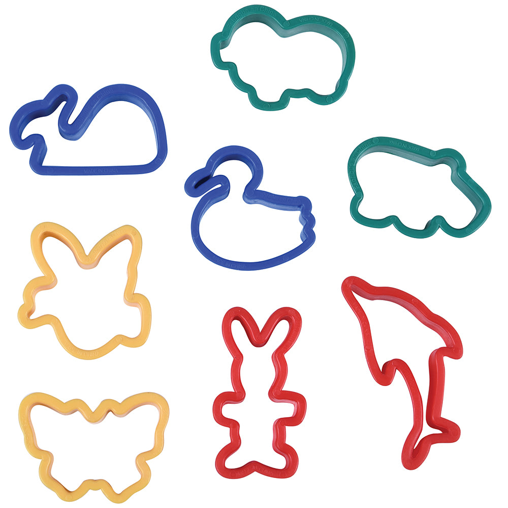 Set of colorful animal-shaped cookie cutters on a white background