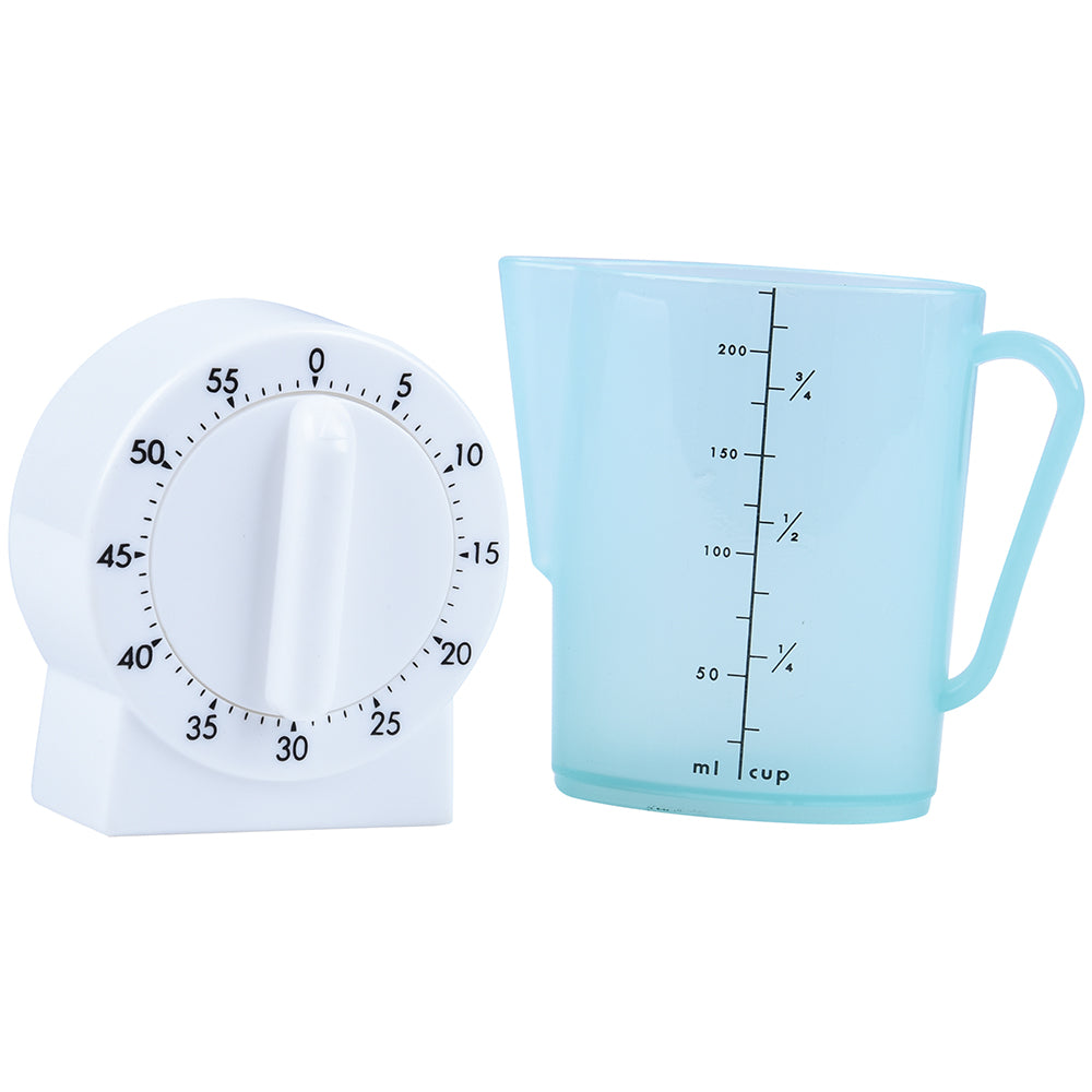 Blue measuring cup and white timer on a white background