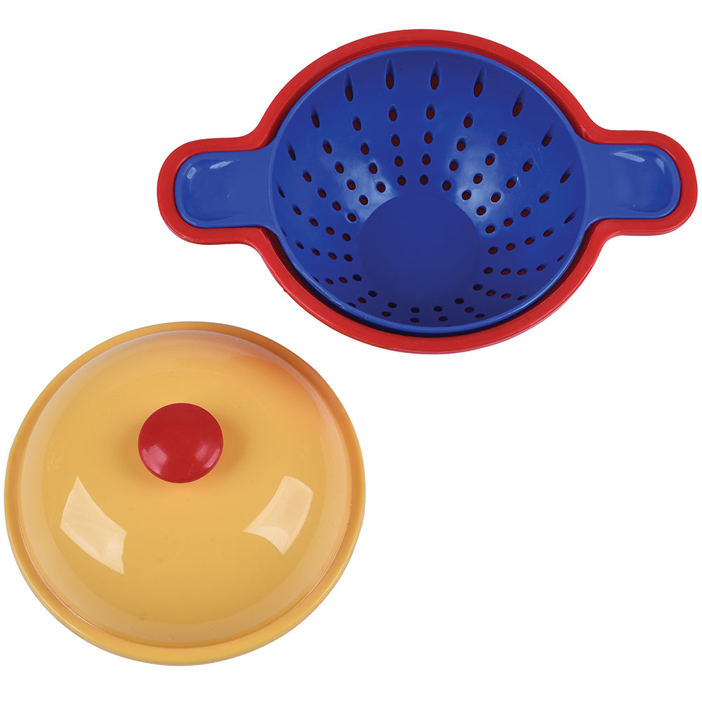 Blue colander with red rim and yellow lid with red button on a white background