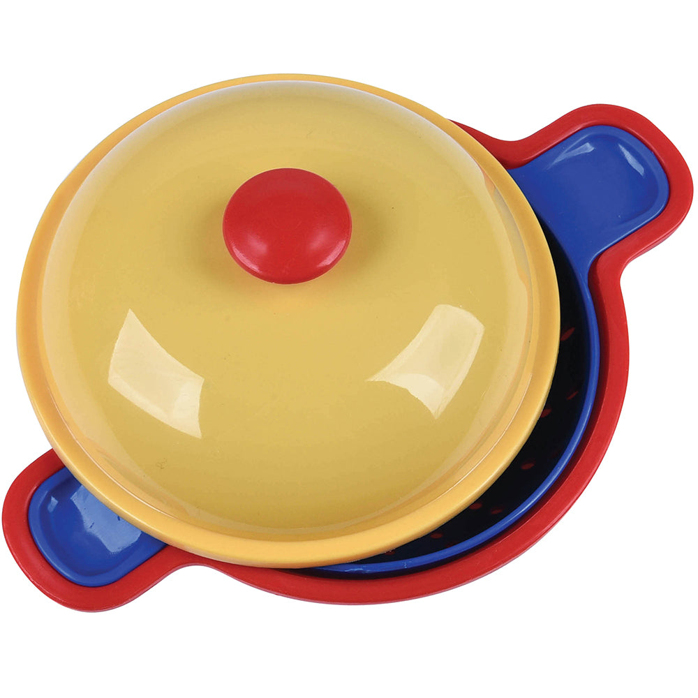 Set of colorful plastic pots with lids on a white background