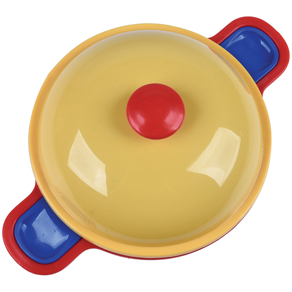 Yellow container with red lid and blue handles on a white background