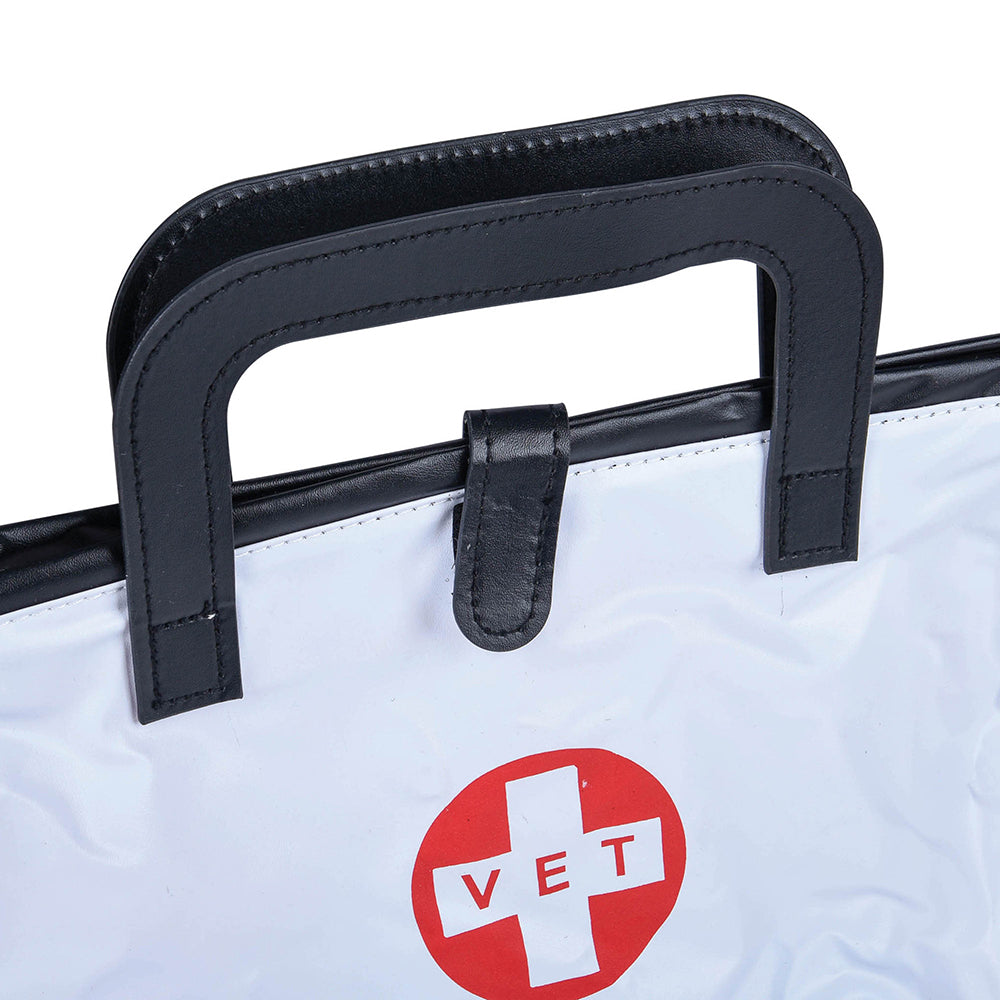 Bag with a red and white 'VET' logo on a white background