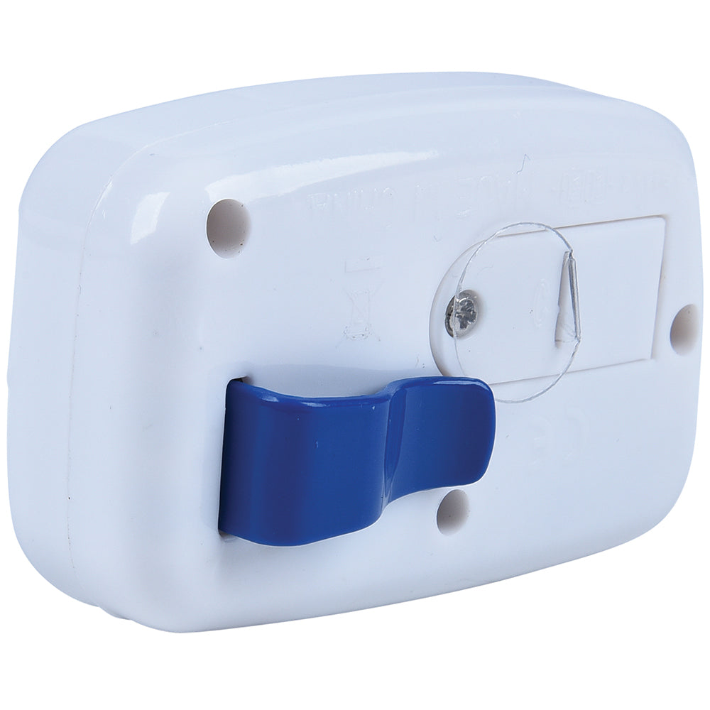 White rectangular device with a blue handle on a white background