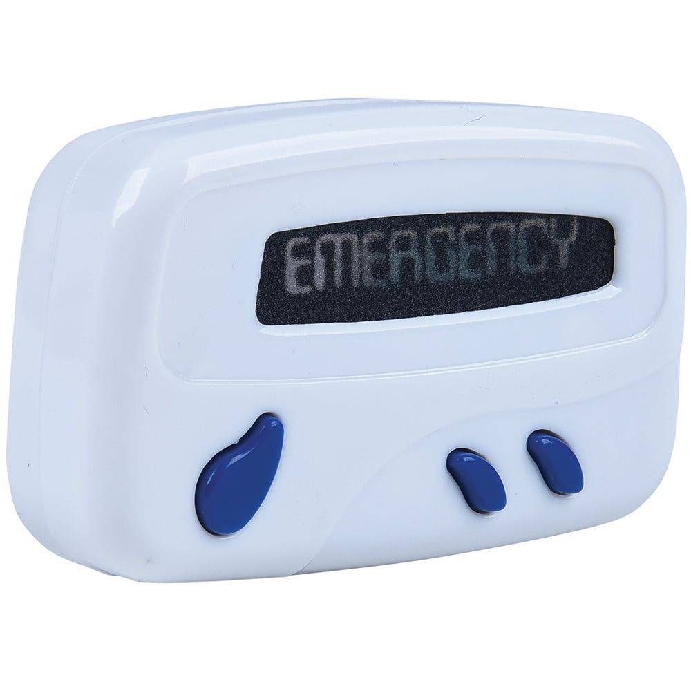 White emergency beeper with blue buttons on a white background