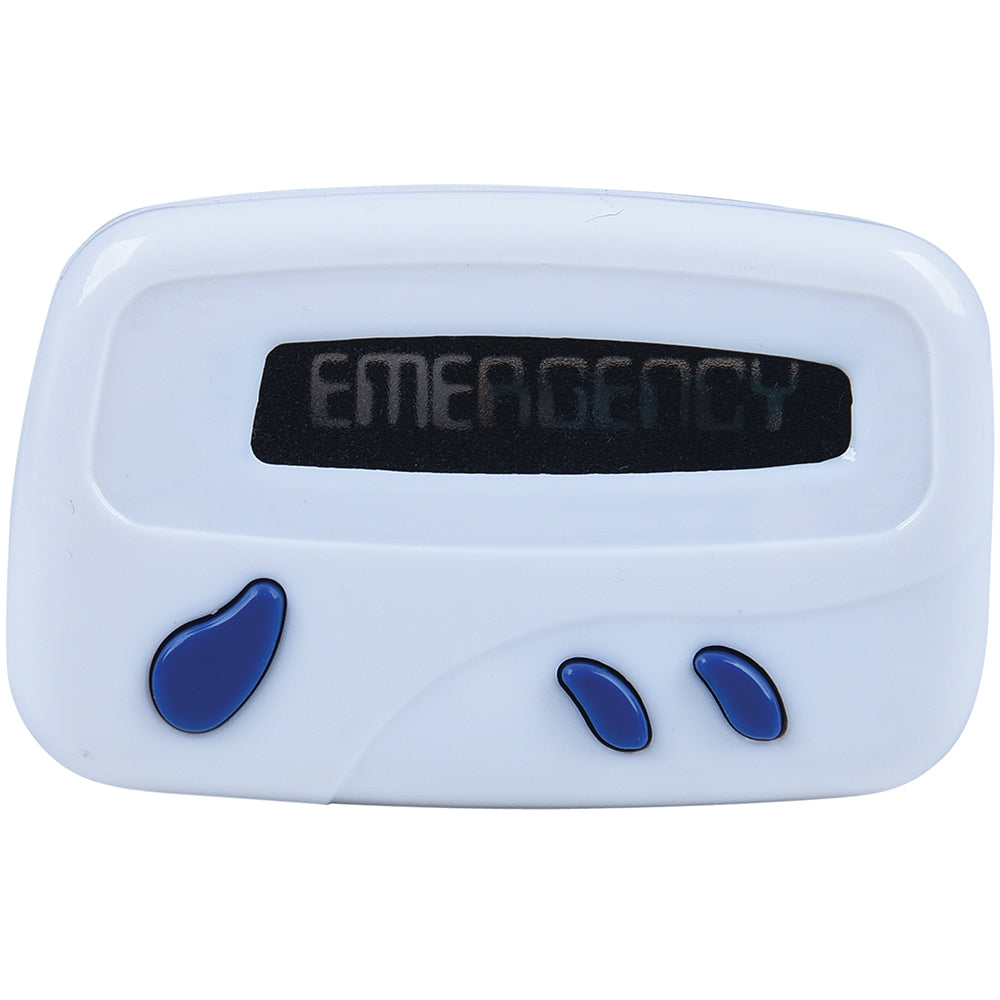 White emergency beeper with blue buttons on a white background