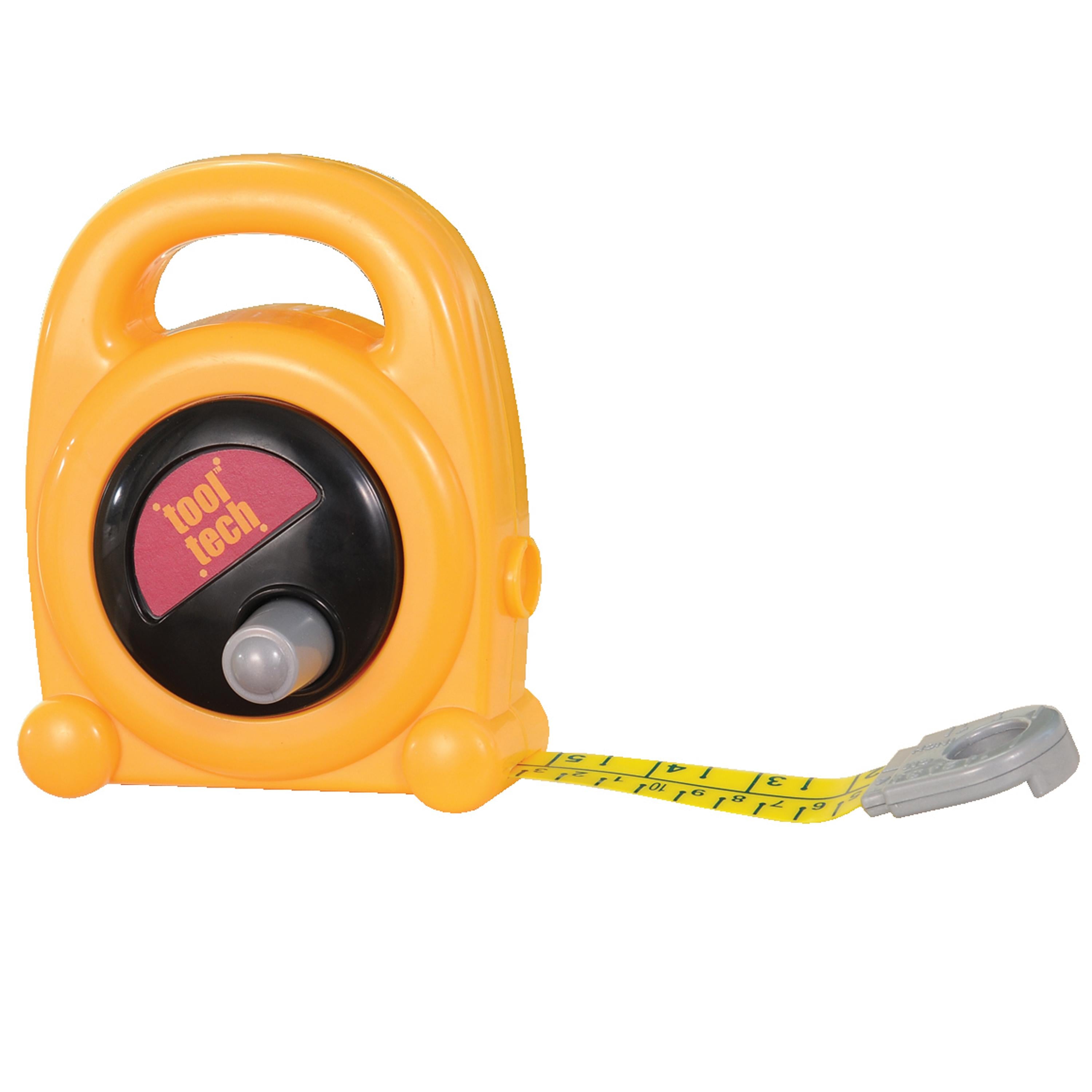 Yellow tape measure with a red label on a white background