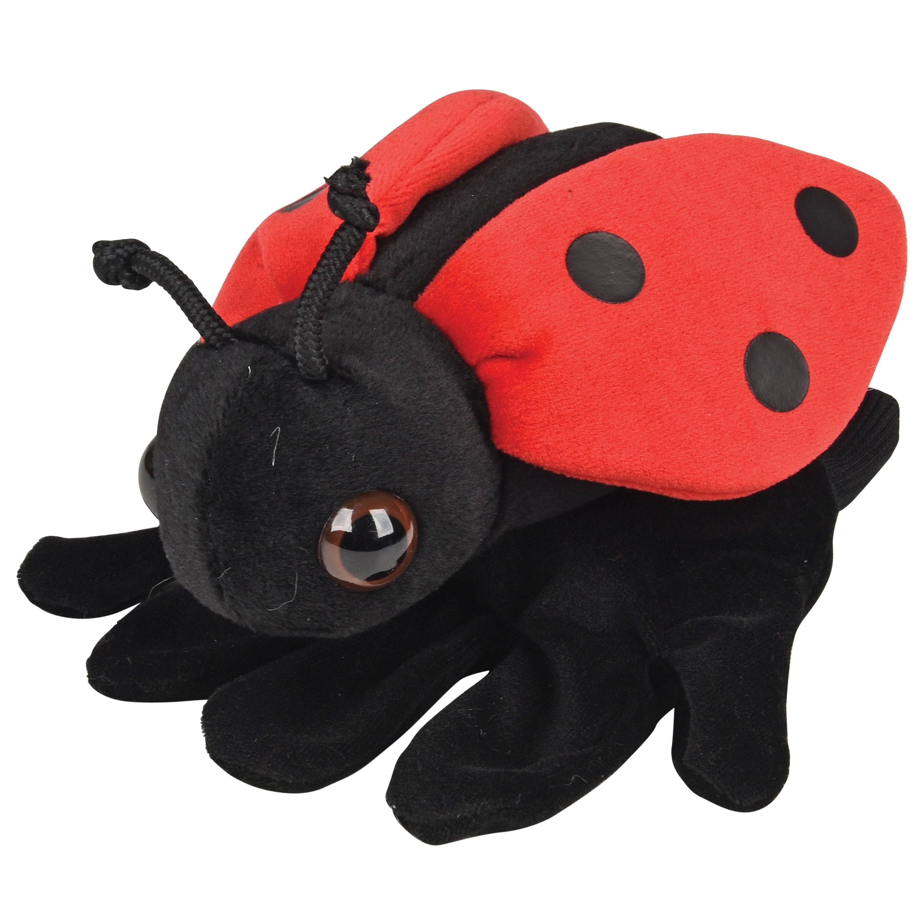 Plush ladybug toy with red body and black spots on a white background