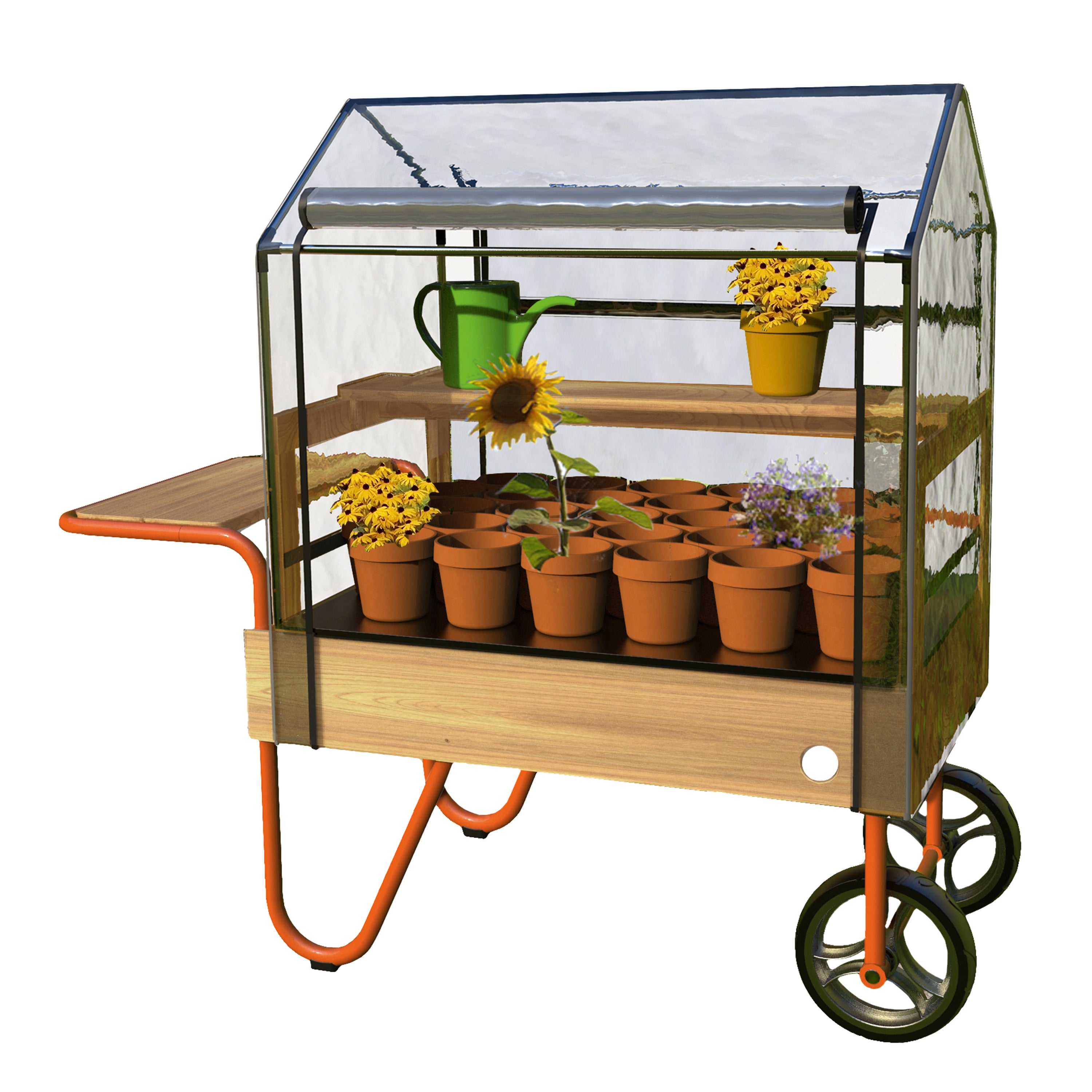 A mobile greenhouse on wheels with a wooden frame, clear plastic cover, two shelves holding potted plants and a green watering can, and a small side table on a white background.