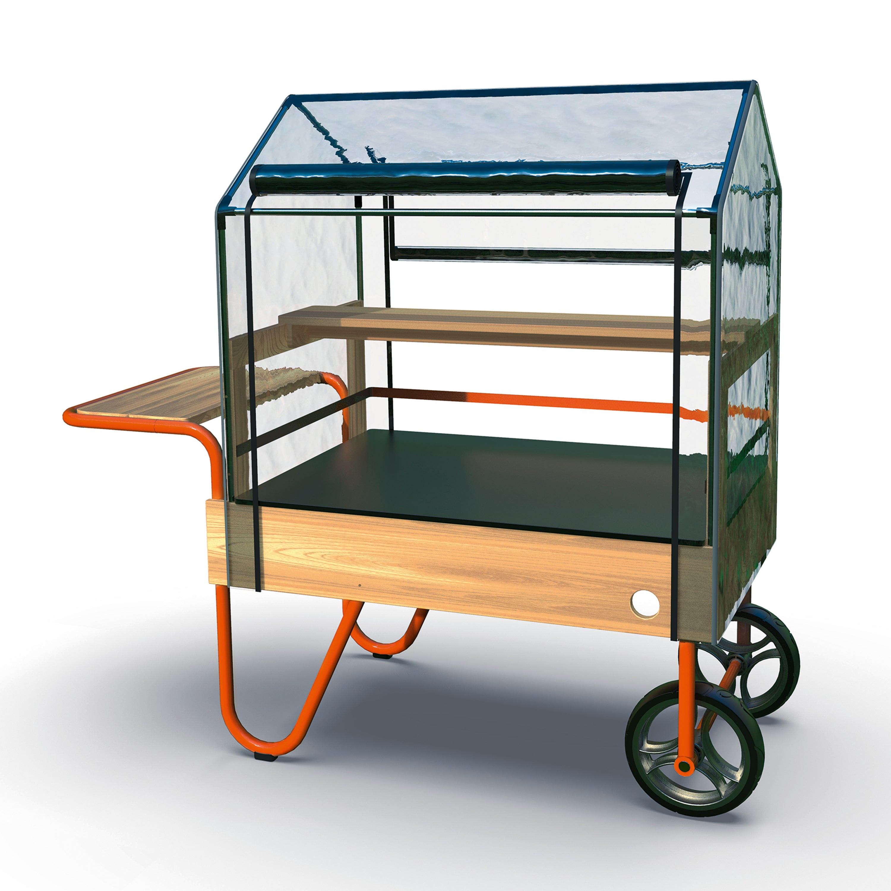 A modern greenhouse-style cart with a transparent glass or acrylic roof and side panels, wooden frame and shelves, and bright orange metal legs and side table, shown on a clean white studio background.