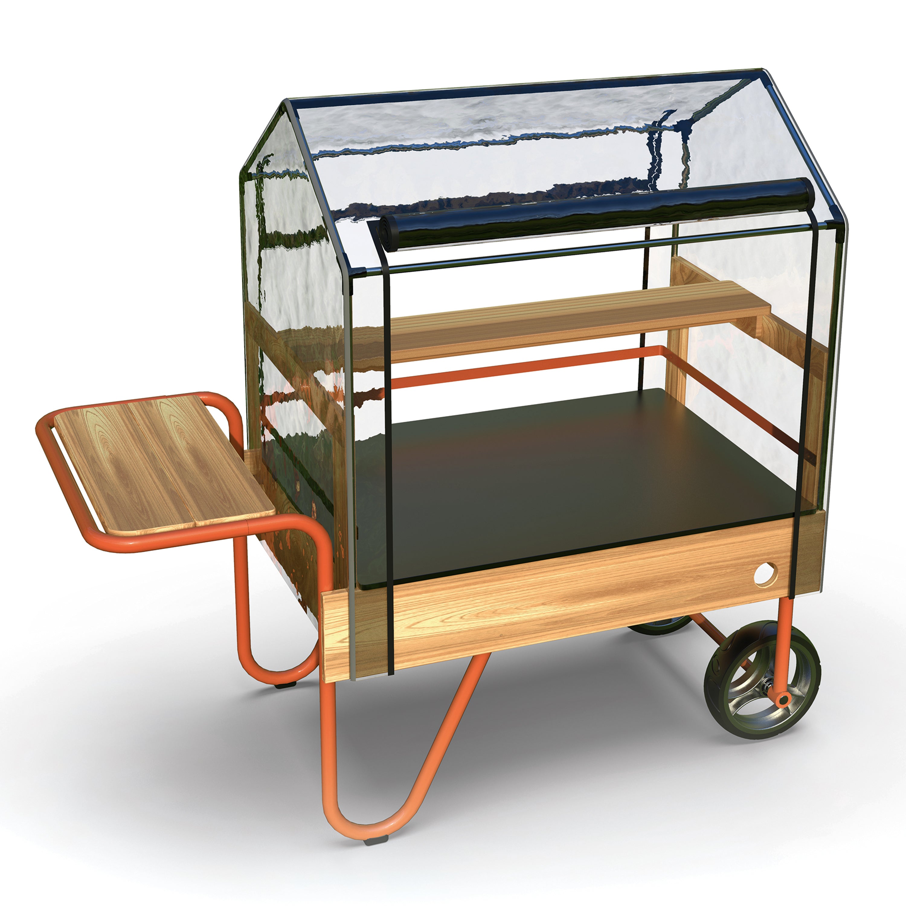 A modern greenhouse-style cart with a transparent glass or acrylic roof and walls, light wood frame panels, orange metal legs, a black interior tray, and a small matching wooden side table, shown on a clean white background.