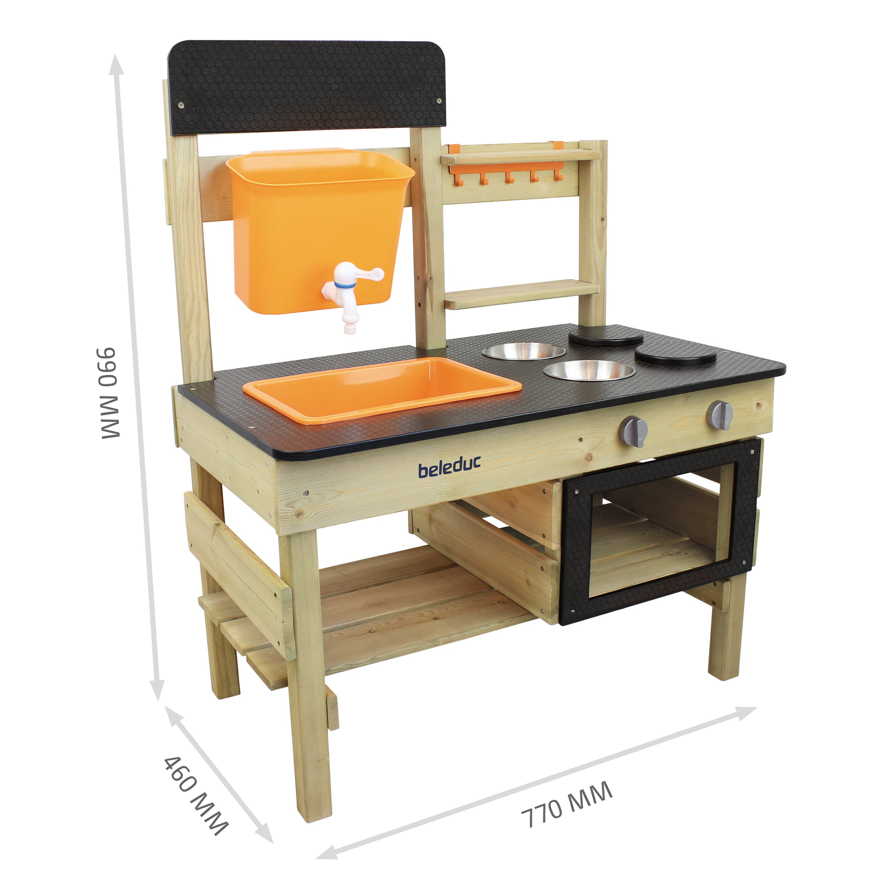 A children's wooden play kitchen with a black countertop, orange sink and bucket, and natural wood frame, shown with dimension arrows and labels on a white background.