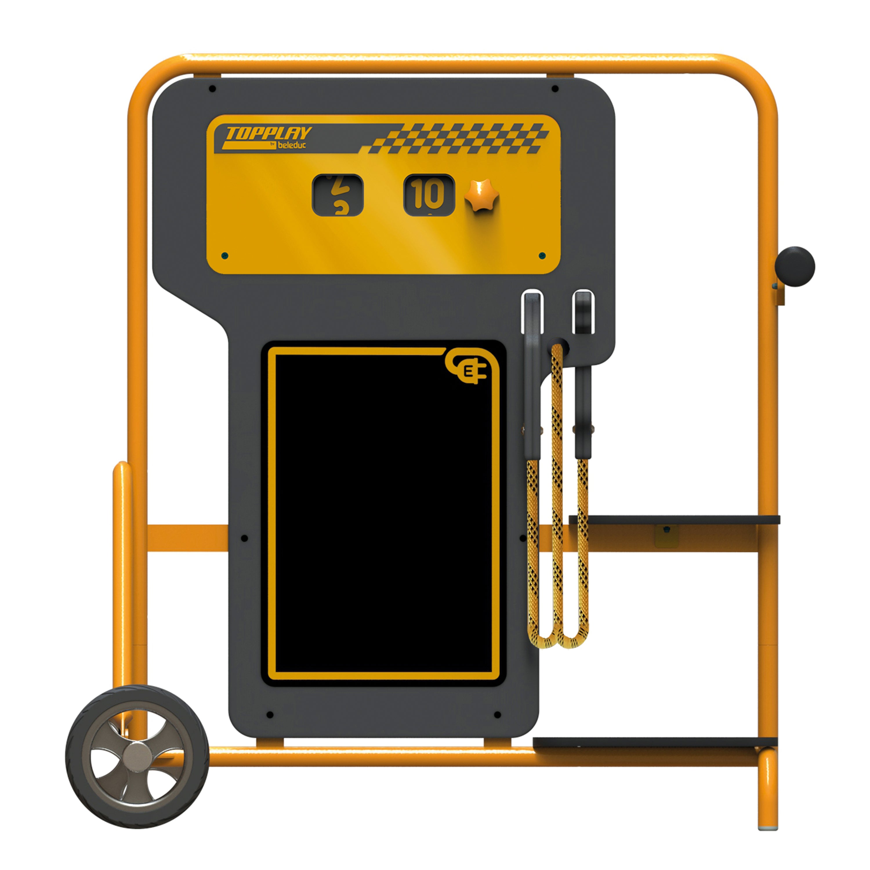 An orange and black portable fuel dump cart with a black front panel, yellow handle and frame, and a small wheel, shown on a plain white background.