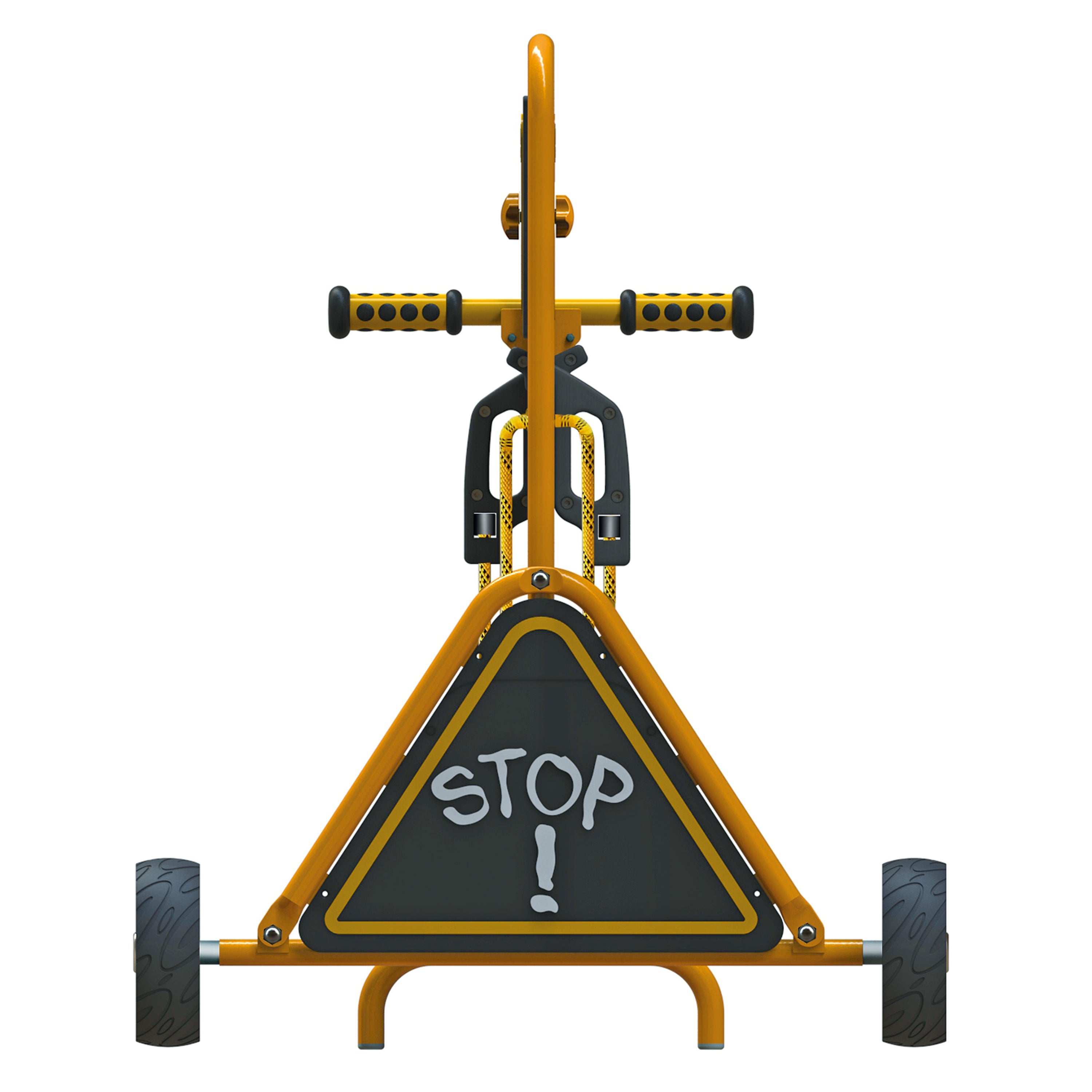 A yellow and black go-kart style vehicle with a large triangular warning sign on the front that reads 'STOP' in white, shown on a plain white background.