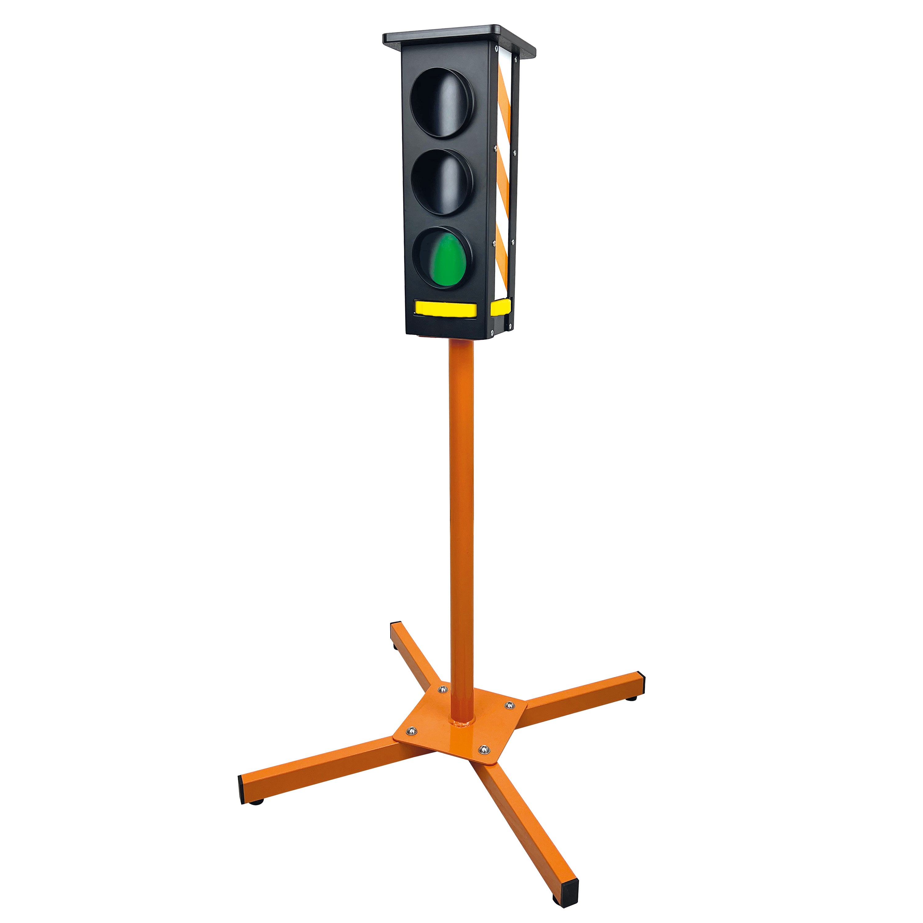 A portable traffic light stand with an orange metal base and pole, a black signal head, and a green light illuminated, shown on a plain white background.
