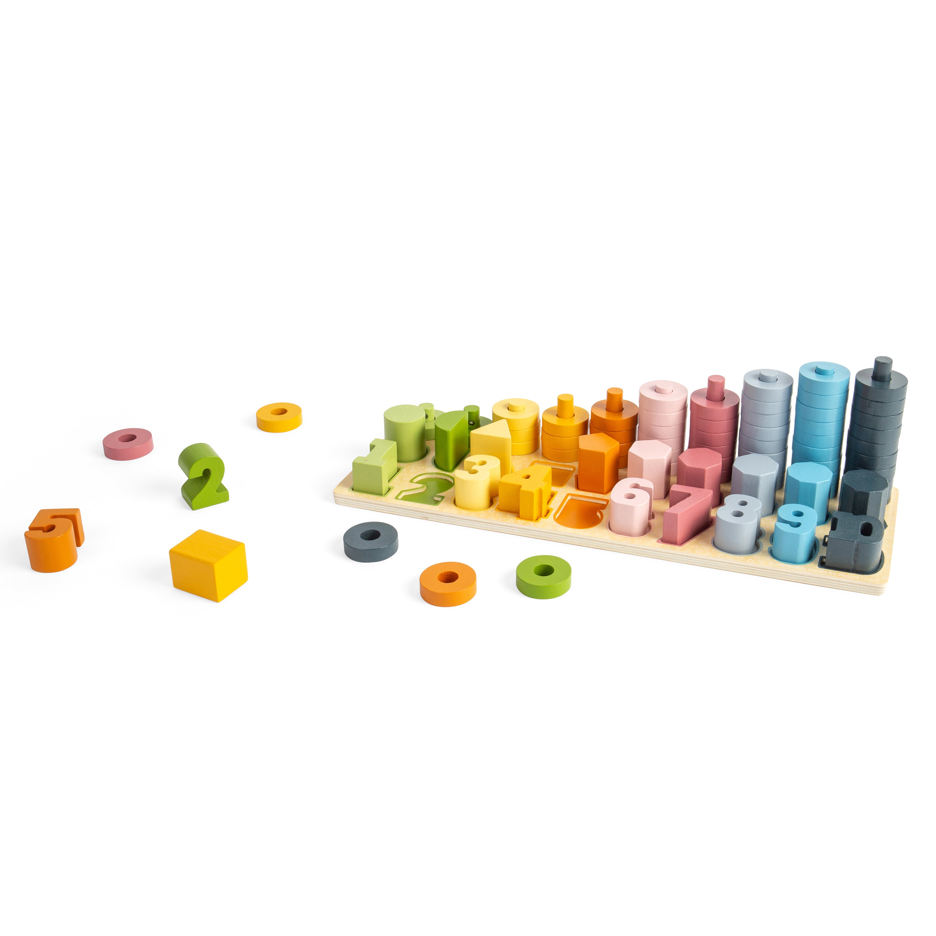 Colorful geometric shape sorting toy on a white background