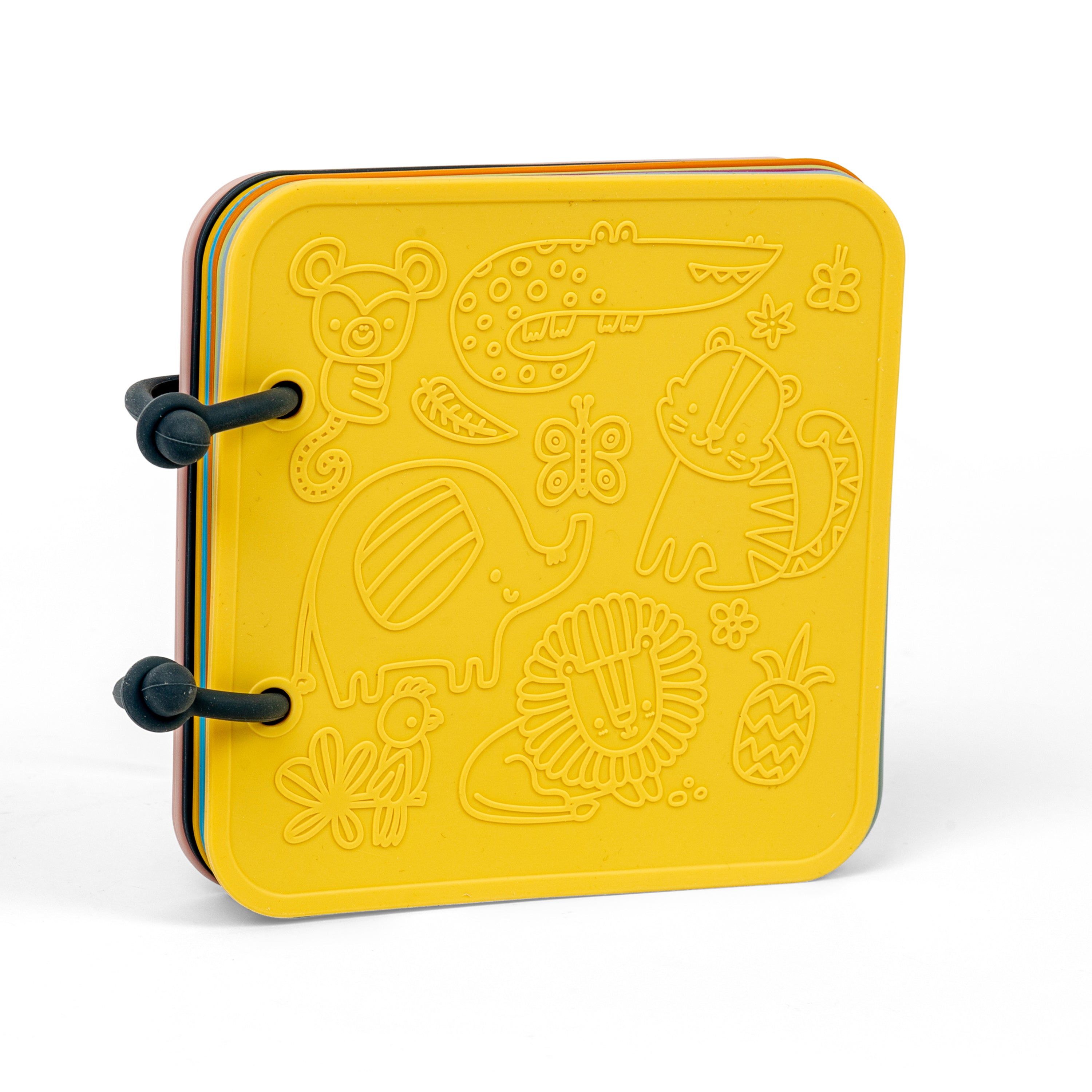 Yellow notebook with animal embossing on a white background