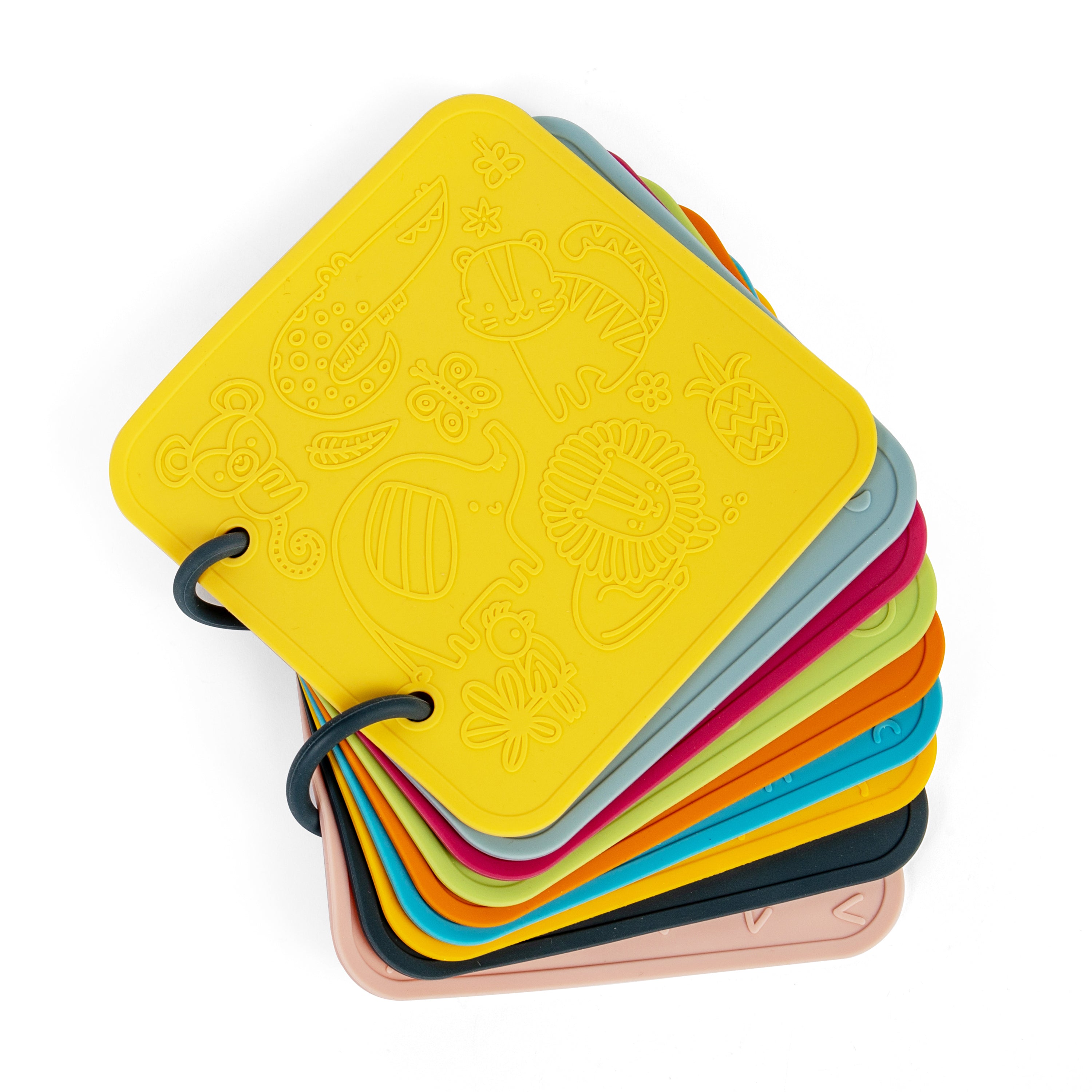 Stack of colorful book pages with a paisley pattern on a white background