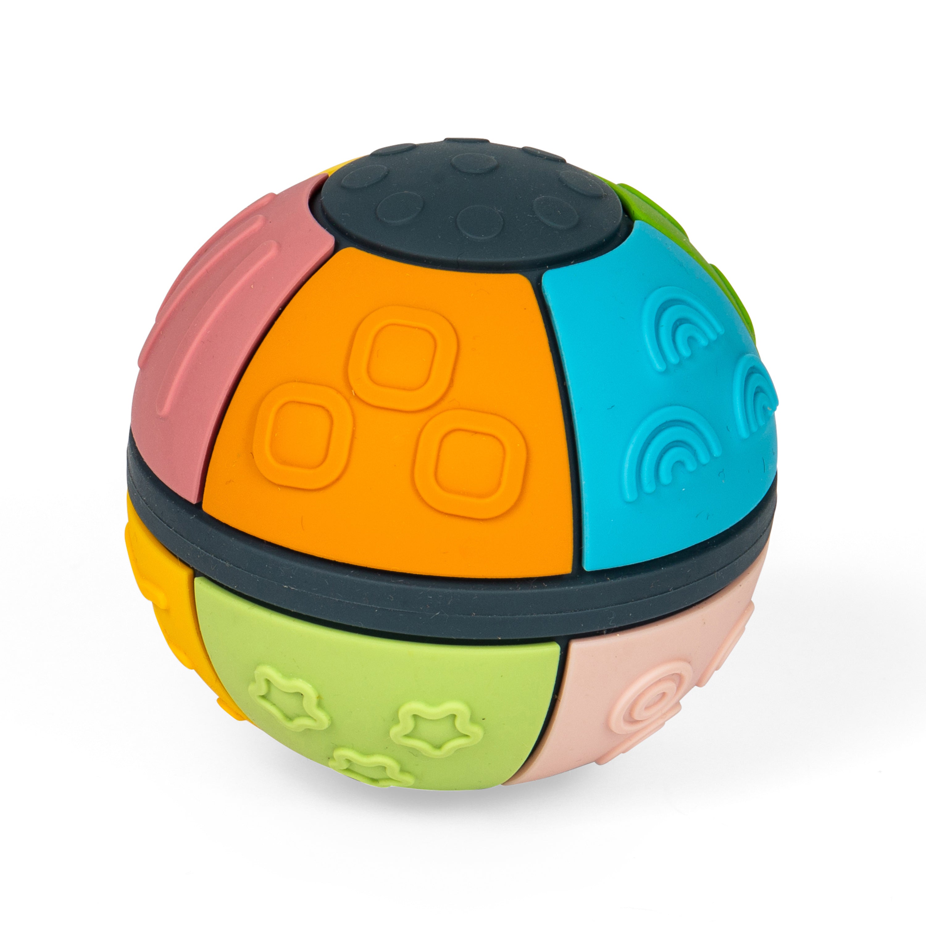 A colorful textured sensory ball toy with segmented panels in orange, blue, pink, yellow, green, and dark gray, shown on a clean white background.
